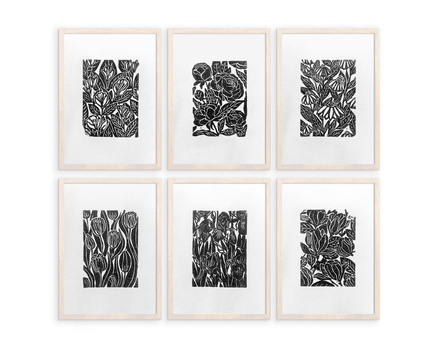 Black Gallery wall set of 6 art Botanical flowers - Jasmine peonies echinacea tulips iris magnolia illustration Linocut print for Nature lover gift UNFRAMED Housewarming gift Nature lover gift New home gift Kitchen wall decor Living room bedroom decor Original artwork