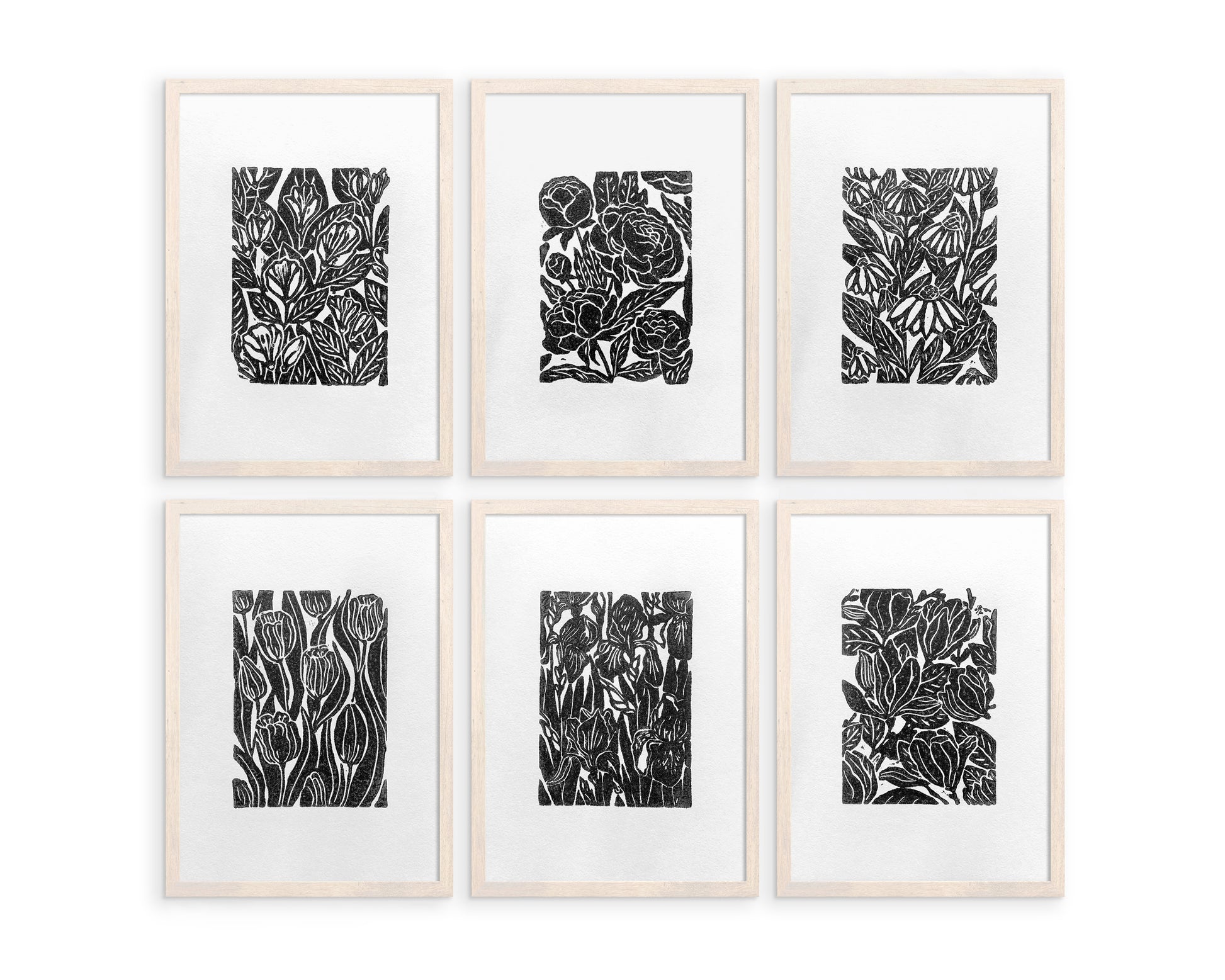 Black Gallery wall set of 6 art Botanical flowers - Jasmine peonies echinacea tulips iris magnolia illustration Linocut print for Nature lover gift UNFRAMED Housewarming gift Nature lover gift New home gift Kitchen wall decor Living room bedroom decor Original artwork
