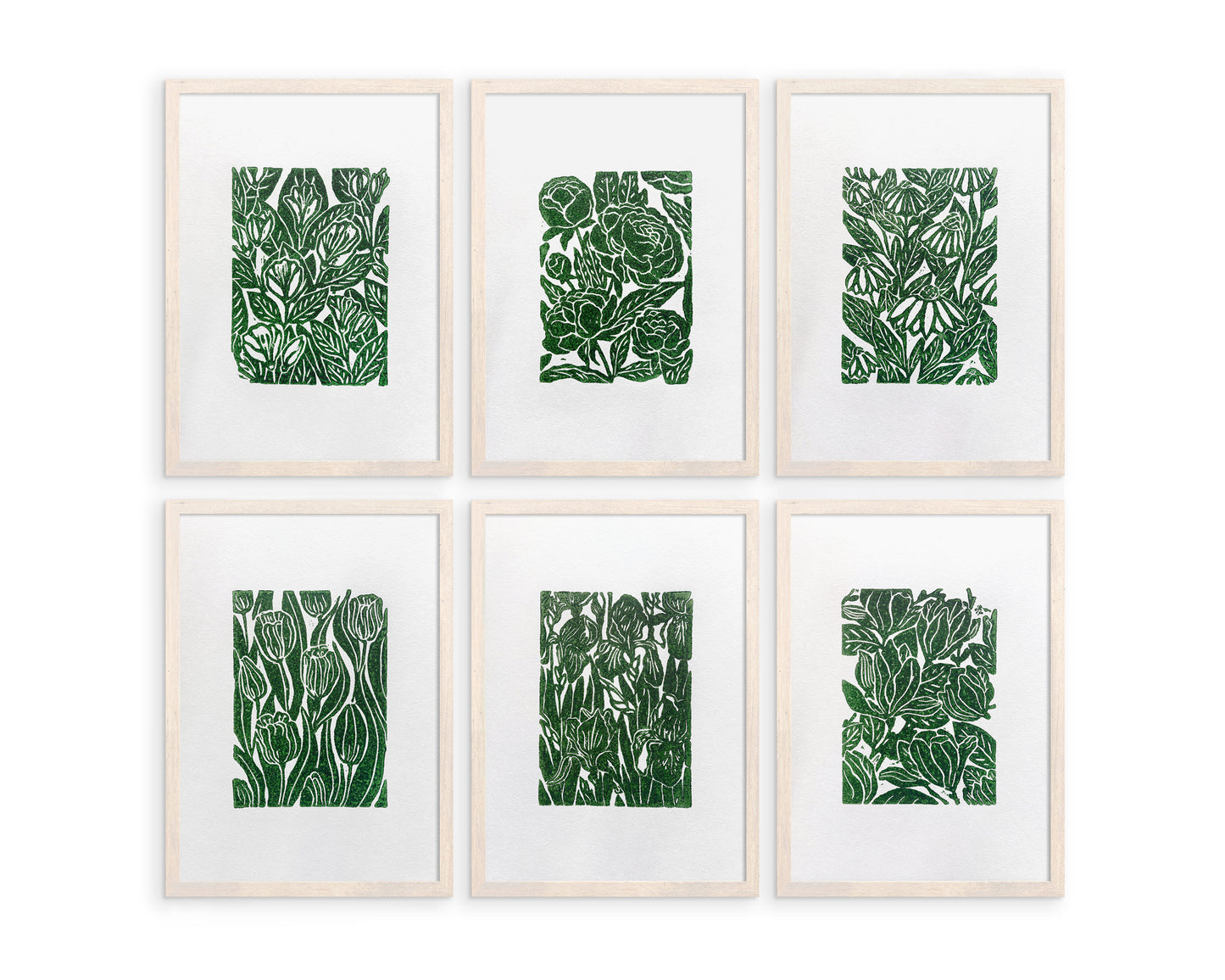 Green Gallery wall set of 6 art Botanical flowers - Jasmine peonies echinacea tulips iris magnolia illustration Linocut print for Nature lover gift UNFRAMED Housewarming gift Nature lover gift New home gift Kitchen wall decor Living room bedroom decor Original artwork