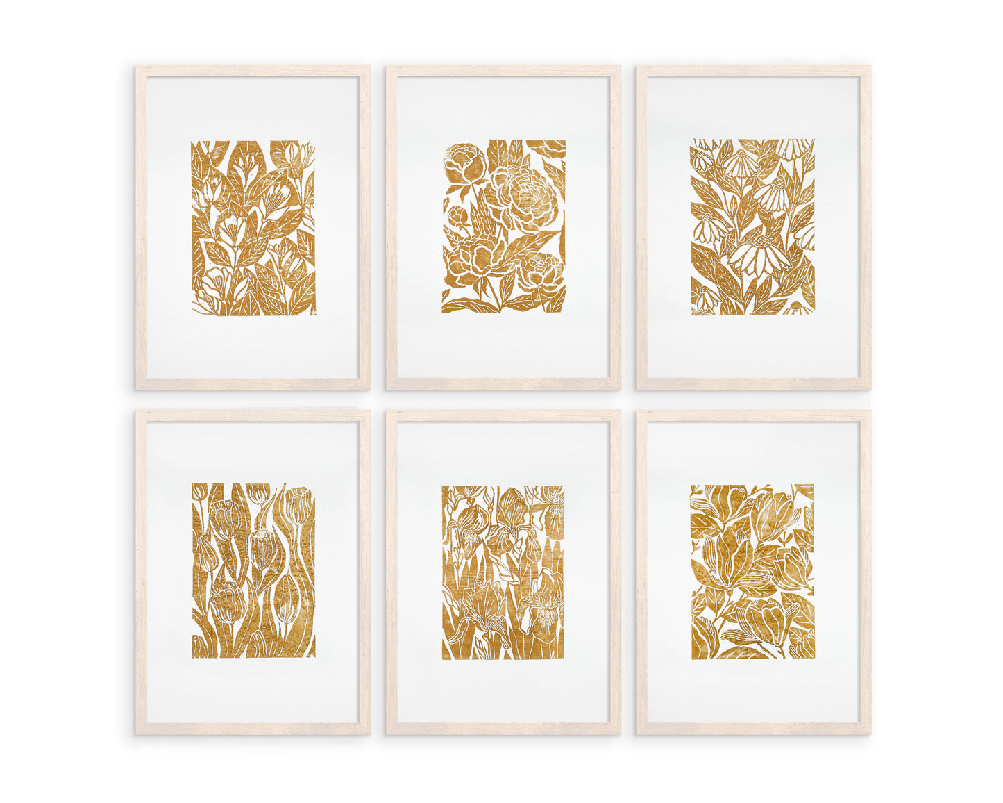 Ochre Gallery wall set of 6 art Botanical flowers - Jasmine peonies echinacea tulips iris magnolia illustration Linocut print for Nature lover gift UNFRAMED Housewarming gift Nature lover gift New home gift Kitchen wall decor Living room bedroom decor Original artwork