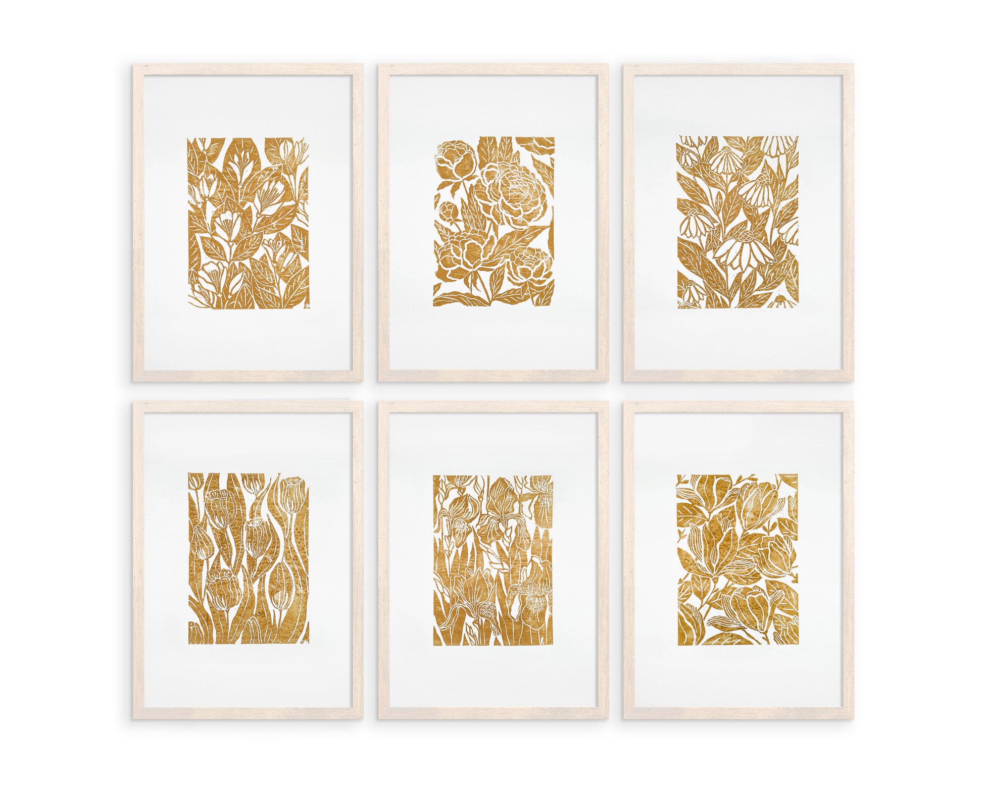 Ochre Gallery wall set of 6 art Botanical flowers - Jasmine peonies echinacea tulips iris magnolia illustration Linocut print for Nature lover gift UNFRAMED Housewarming gift Nature lover gift New home gift Kitchen wall decor Living room bedroom decor Original artwork