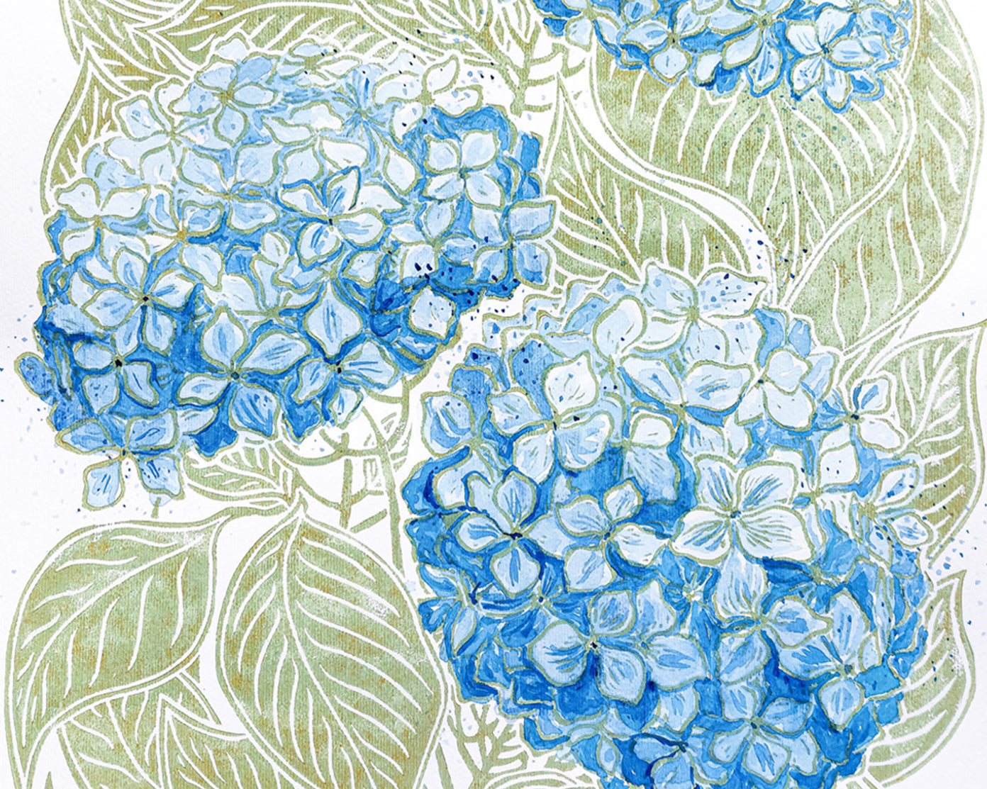 Green and blue watercolor hydrangea Linocut print for Nature lover gift UNFRAMED