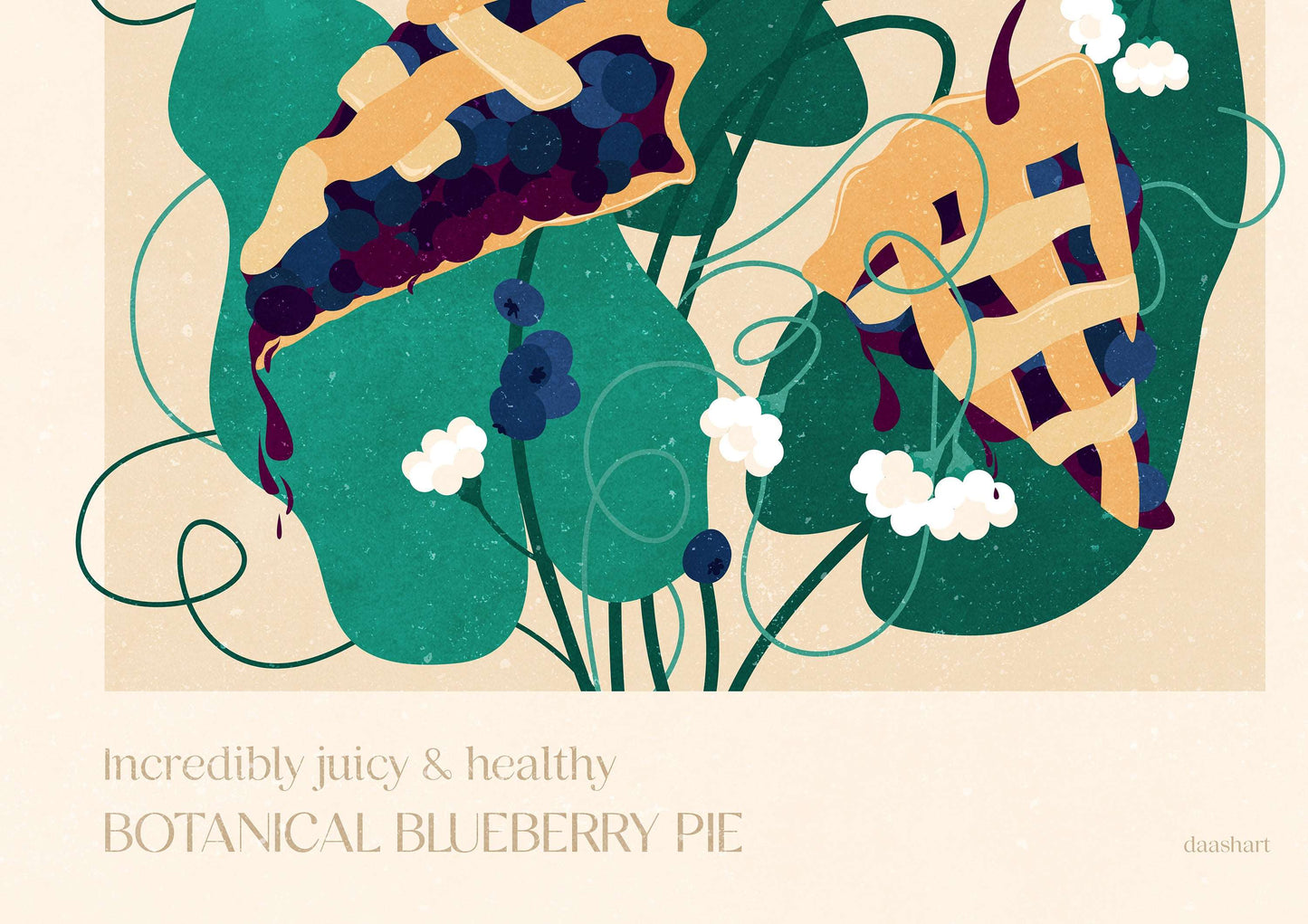 Details green purple blue and beige incredibly juicy and healthy botanical  blueberry pie summer digital poster