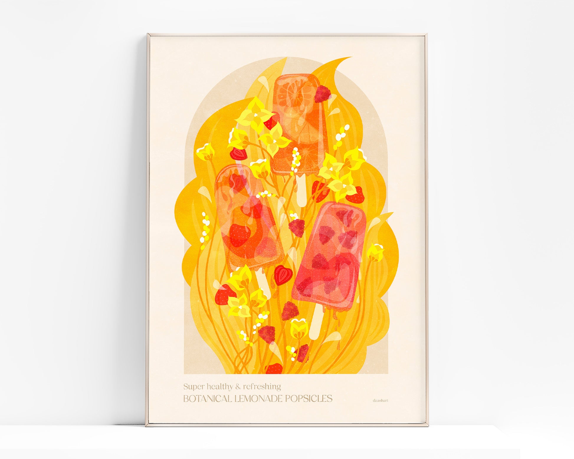 Botanical vintage lemonade popsicles poster Colorful summer for modern kitchen and dining room decor with Pink, red and yellow juicy strawberries, raspberries, and oranges