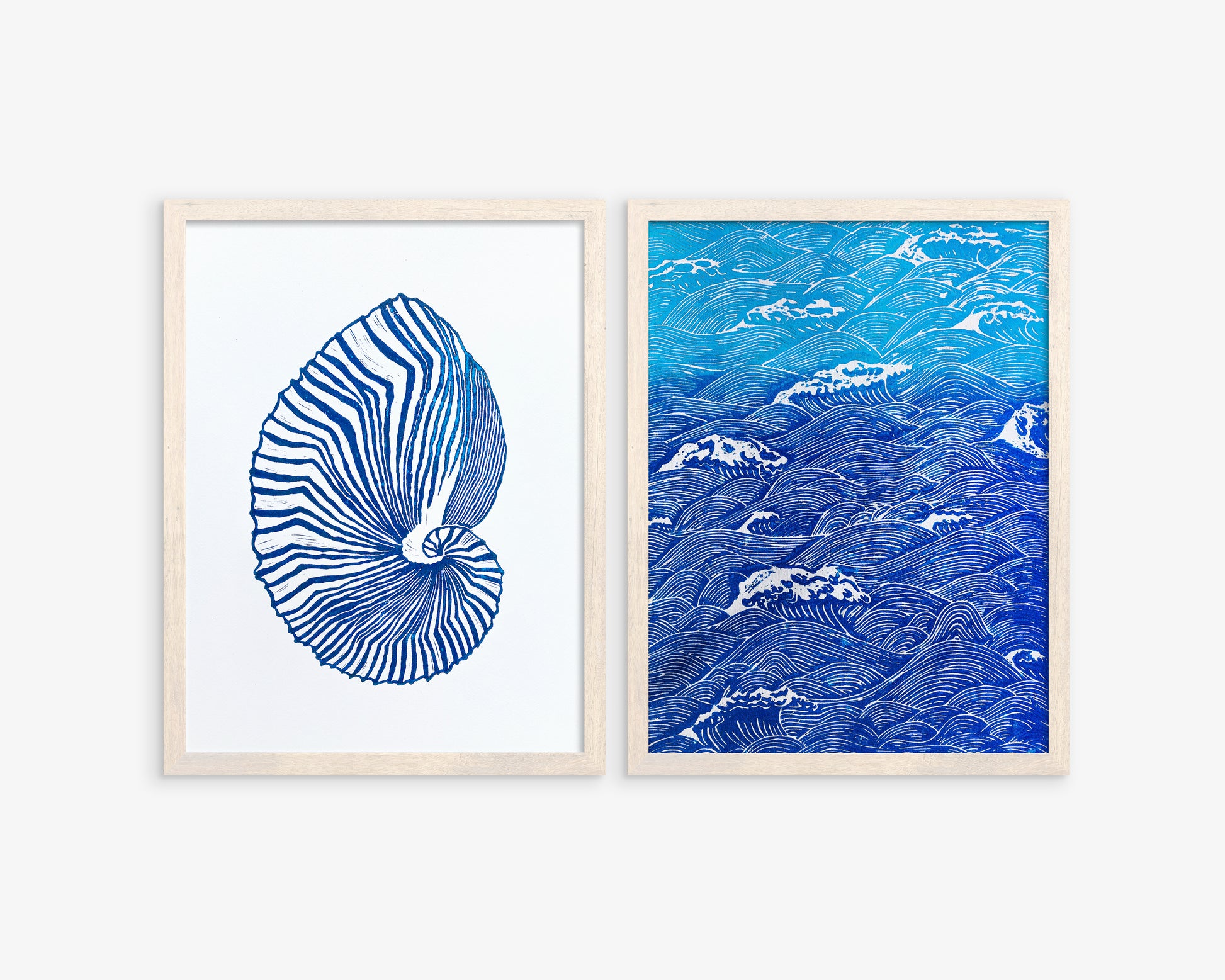 Gallery wall set of 2 Blue sea shell and ocean waves wall art Linocut print UNFRAMED / costal art / hampton style / nautical wall art / lino print / linogravure / original artwork for bedroom / bathroom / living room