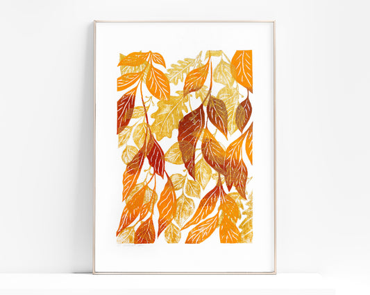 Warm tones autumn foraged leaves Printable linocut wall art for bedroom or living room decor, Seasonal decorations, Fall poster, instant download, digital poster, cottagecore wall art, Nature lover gift, Leaf wall poster, Gold orange brown relief print, oil texture