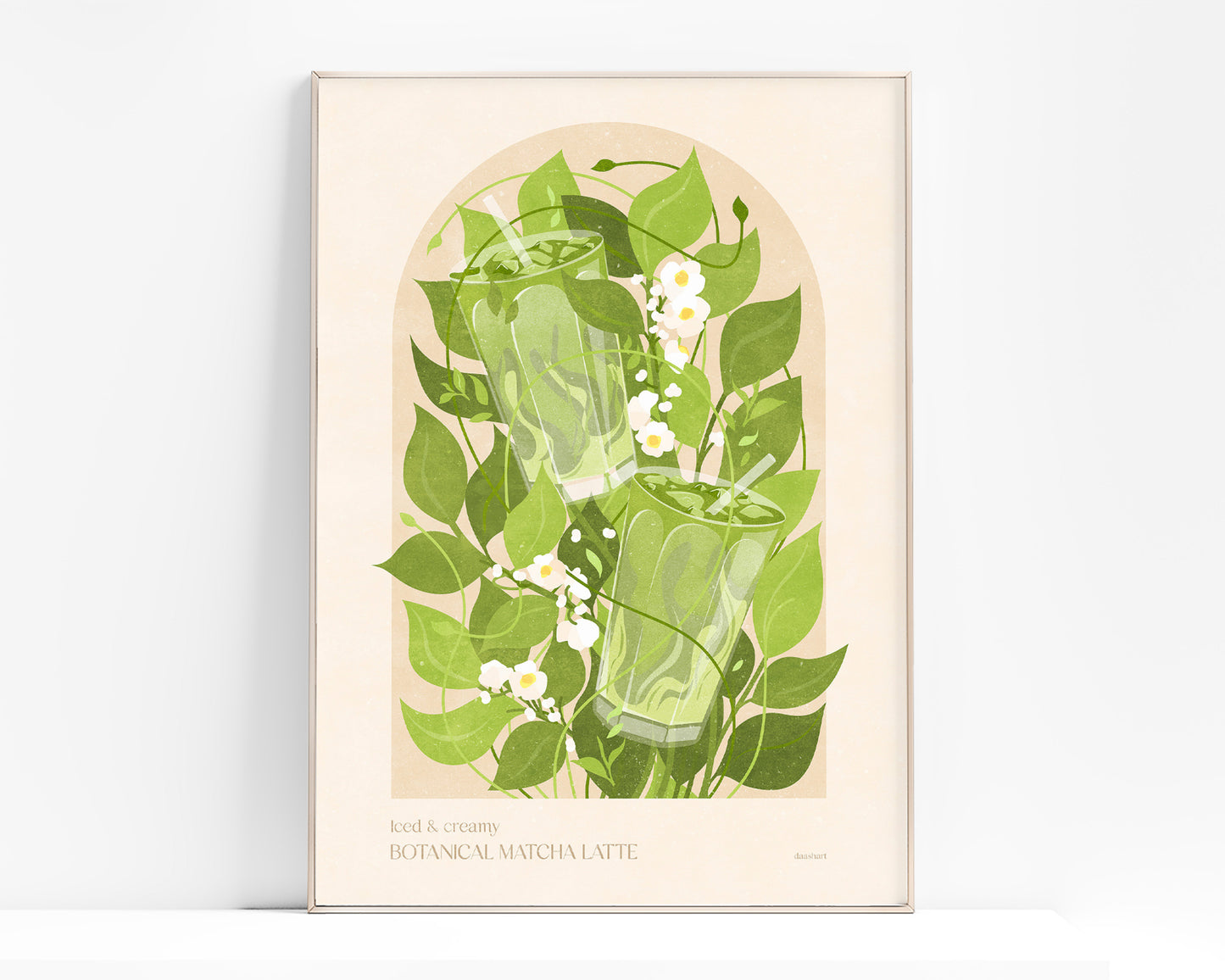 Botanical vintage Green or khaki Iced matcha latte poster Summer wall art for modern kitchen and dining room decor