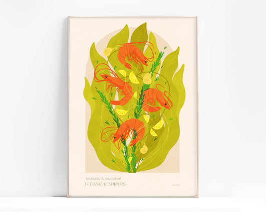 Botanical vintage shrimp poster for modern kitchen and dining room decor Printable wall art INSTANT DOWNLOAD