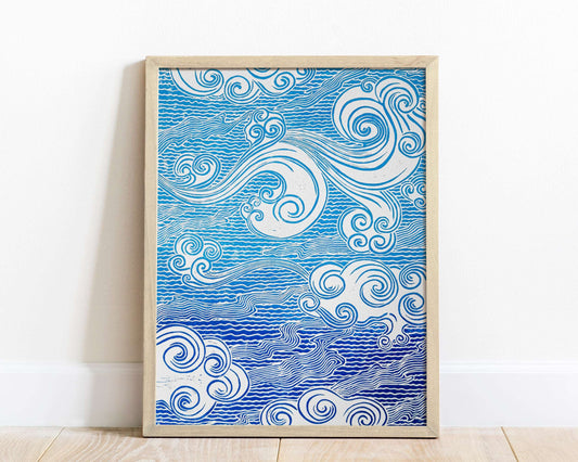 Blue japanese clouds Linocut print for Nature lover gift UNFRAMED Housewarming gift New home gift Living room or bedroom decor 16x12 Original artwork Classical wall decor