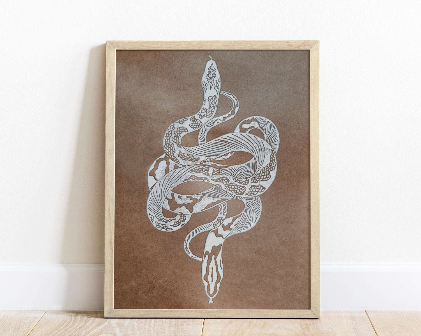 Boho white antique snake Linocut print for New home gift UNFRAMED Housewarming gift New home gift Living room bedroom decor 16x12 Original artwork Classical wall decor