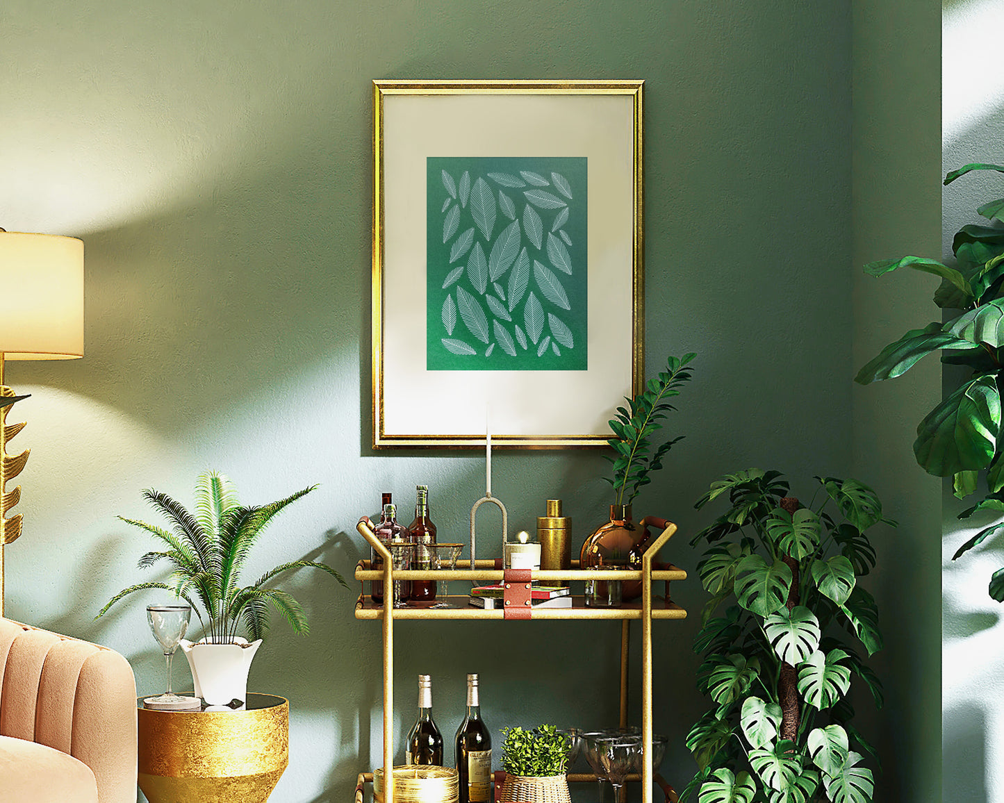 Emerald green geometric abstract leaves line shapes artwork for Nature lover gift UNFRAMED for living room, or bedroom original artwork, minimalist art, original artwork, nature wall decor