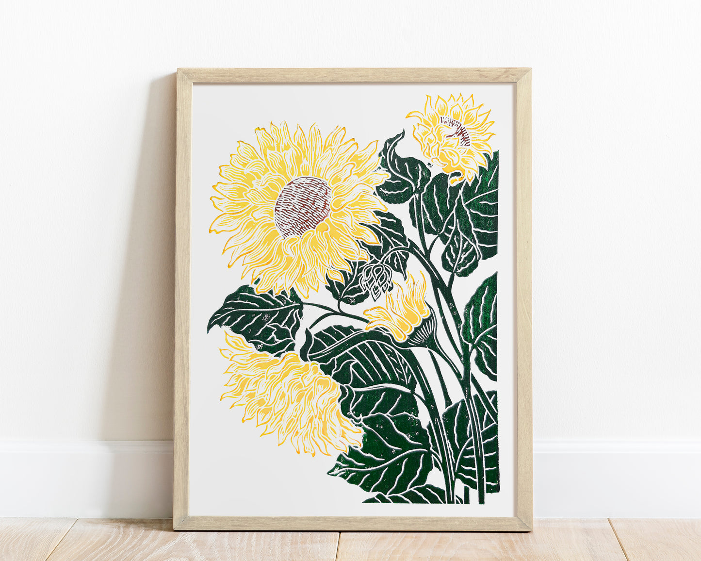 Yellow and green sunflowers Linocut print for Nature lover gift UNFRAMED Housewarming gift Nature lover gift New home gift Kitchen wall decor Living room bedroom decor 12x16 Original artwork