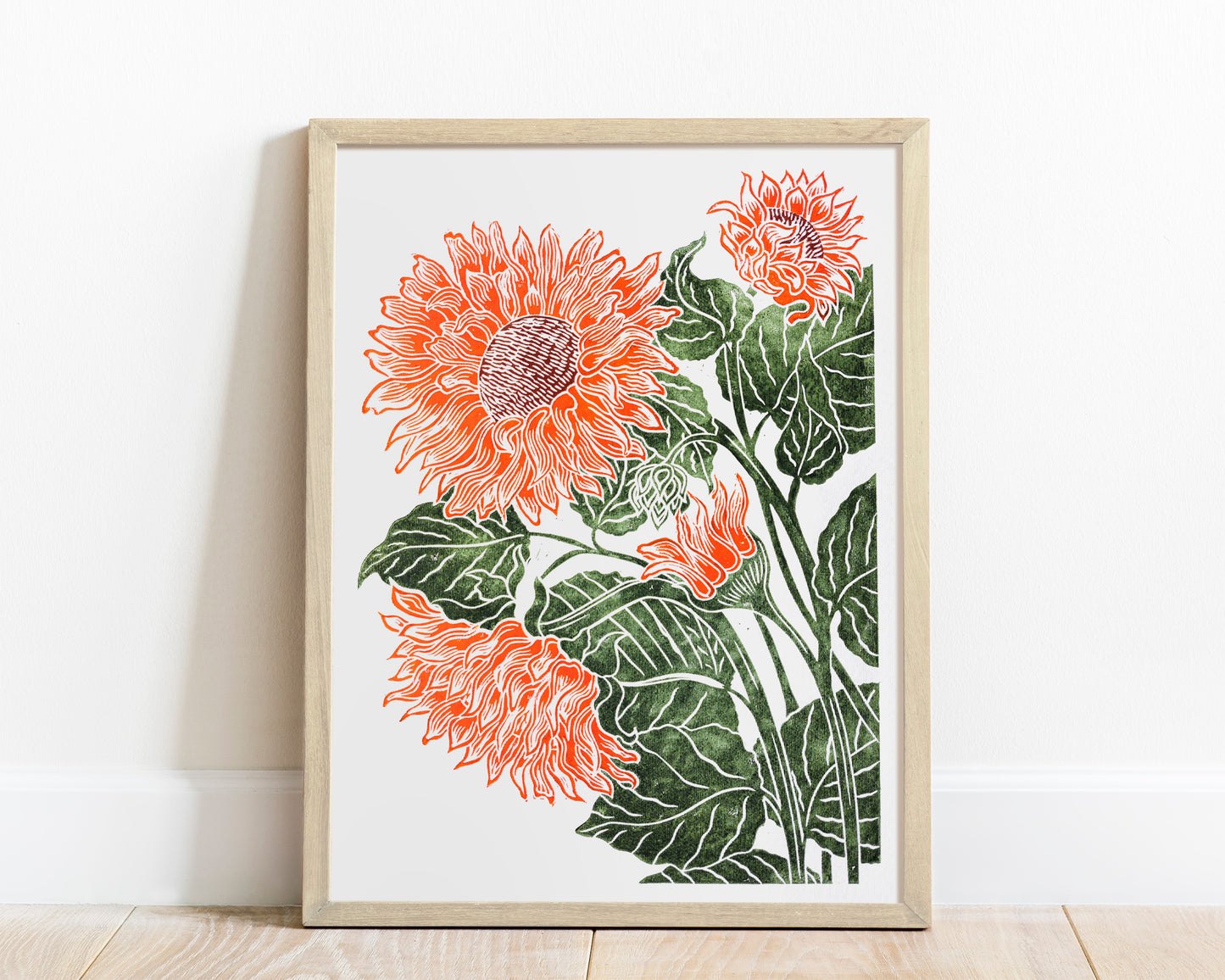Orange and green sunflowers Linocut print for Nature lover gift UNFRAMED Housewarming gift Nature lover gift New home gift Kitchen wall decor Living room bedroom decor 12x16 Original artwork