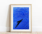 Girl swimming and Abstract blue water Linocut print art for Bedroom wall decor UNFRAMED