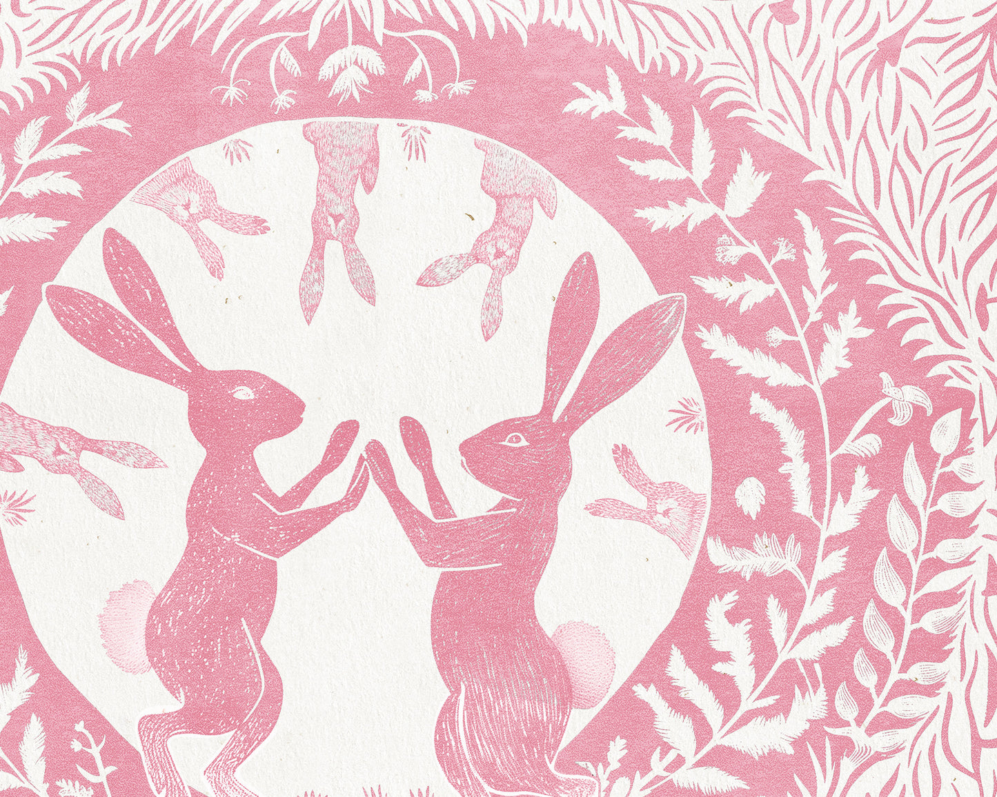 Printable linocut prints Pink Dancing rabbits with floral plant texture wall art Kids Cottagecore foraged decor Digital downloadable poster Instant download poster Flower botanical bunnies bunny rabbit hare Children Bedroom Living room wall decor