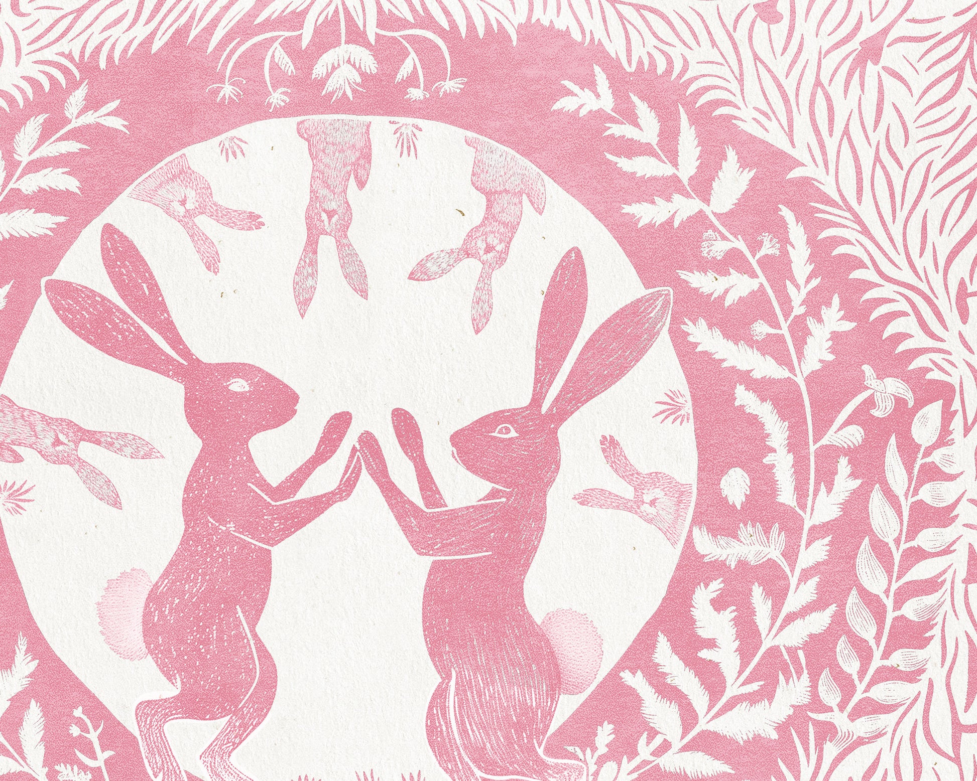 Printable linocut prints Pink Dancing rabbits with floral plant texture wall art Kids Cottagecore foraged decor Digital downloadable poster Instant download poster Flower botanical bunnies bunny rabbit hare Children Bedroom Living room wall decor