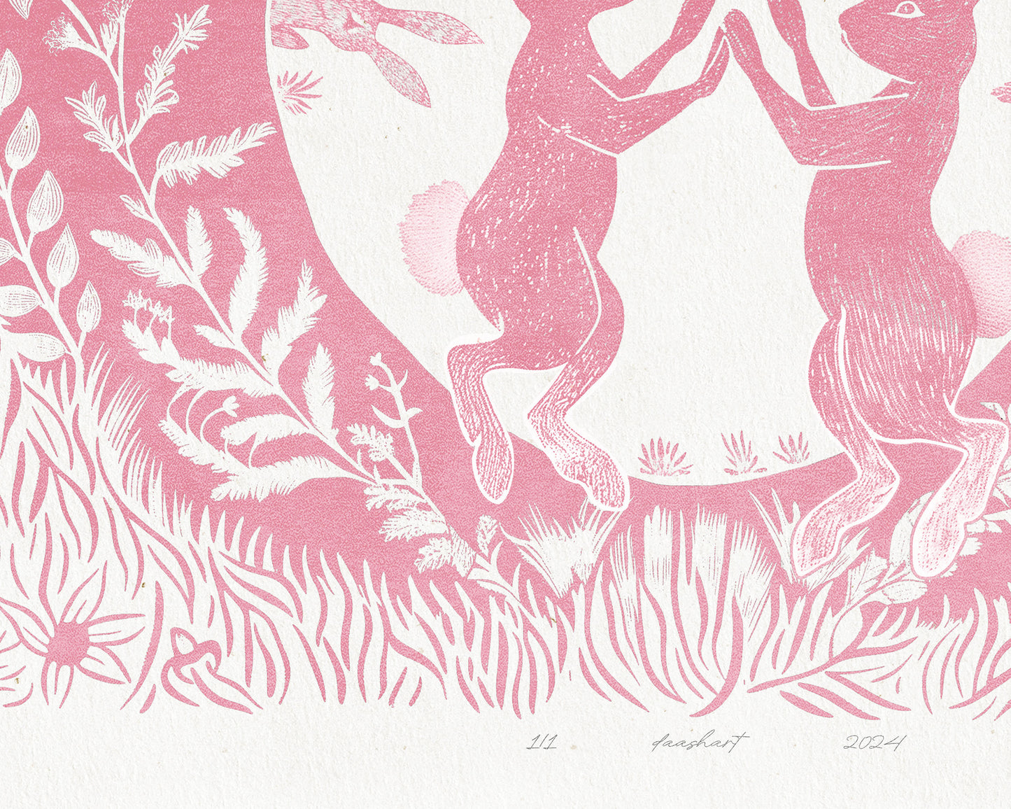 Printable linocut prints Pink Dancing rabbits with floral plant texture wall art Kids Cottagecore foraged decor Digital downloadable poster Instant download poster Flower botanical bunnies bunny rabbit hare Children Bedroom Living room wall decor