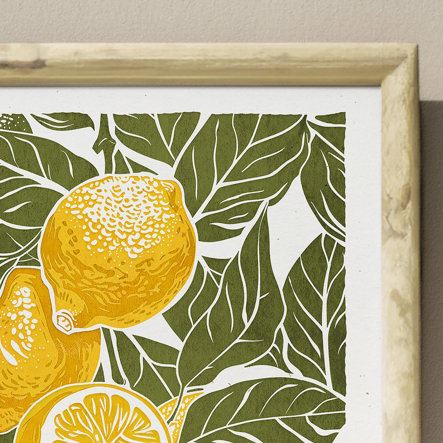 Sage green lemons fruits «Sagren Lemoflora» Printable linocut wall art poster