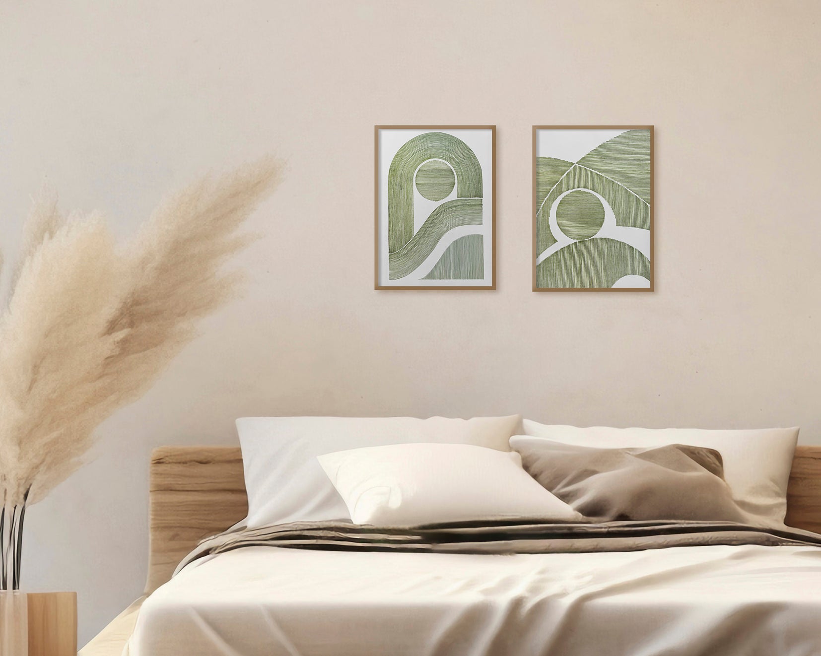 Summer gallery wall set of 2 art Sage green sun abstract lines arch Original hand drawn artwork Bedroom decor New home gift One of kind