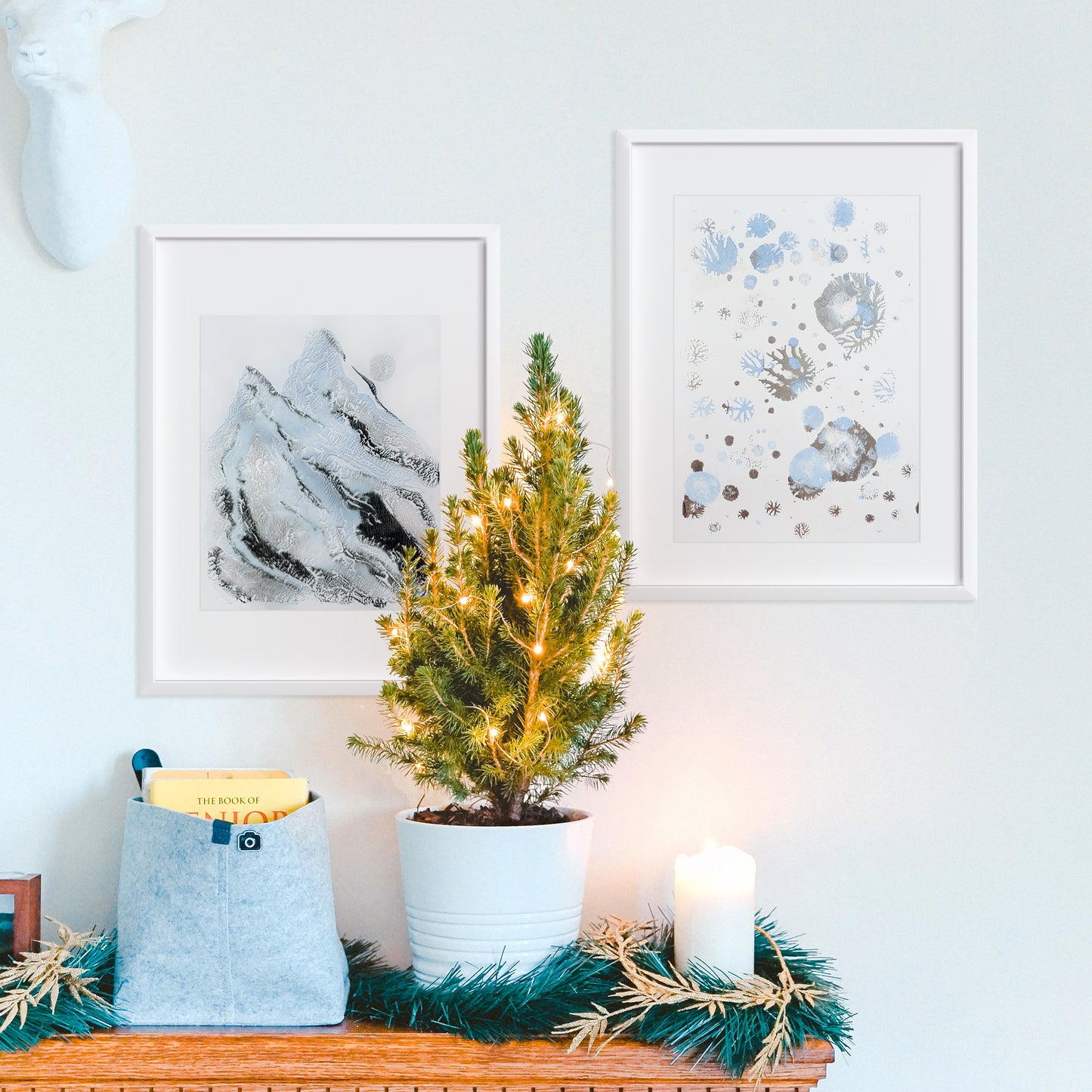 Gallery wall set of 2 Monotype prints Abstract mountains and snow Holiday winter wall art Original simple artwork for Nature lover gift, Relief print, noel decoration, Neutral festive art, Bedroom wall decor, painting, printmaking art, handmade art print