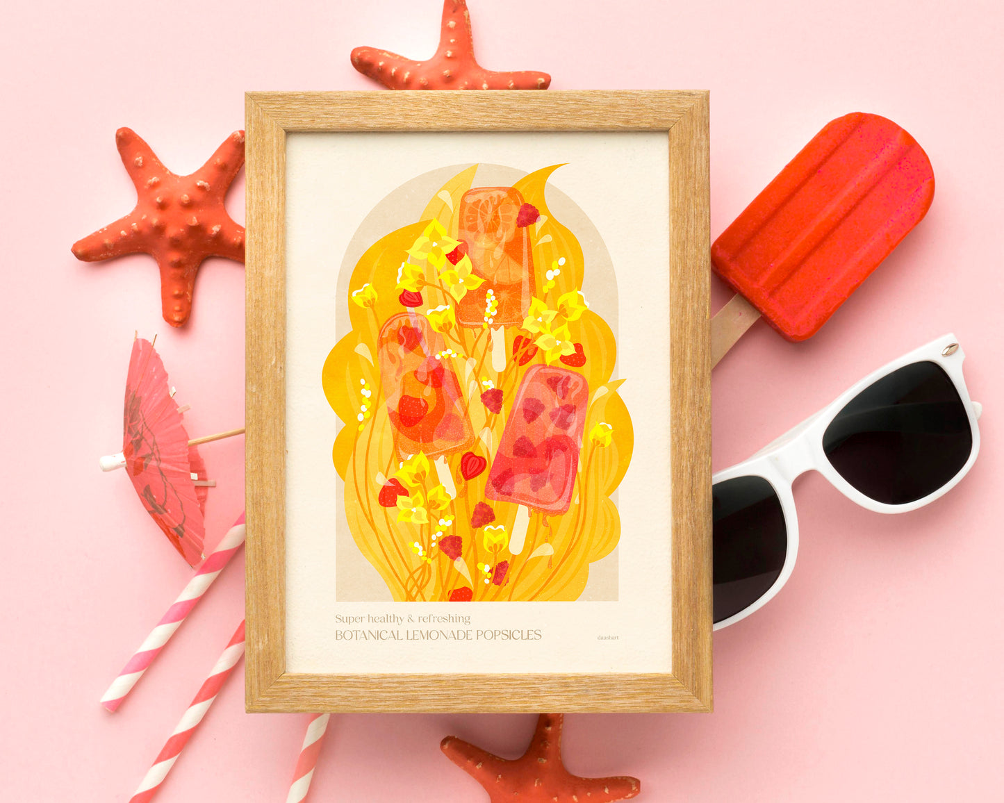 Botanical vintage lemonade popsicles poster Colorful summer for modern kitchen and dining room decor with Pink, red and yellow juicy strawberries, raspberries, and oranges