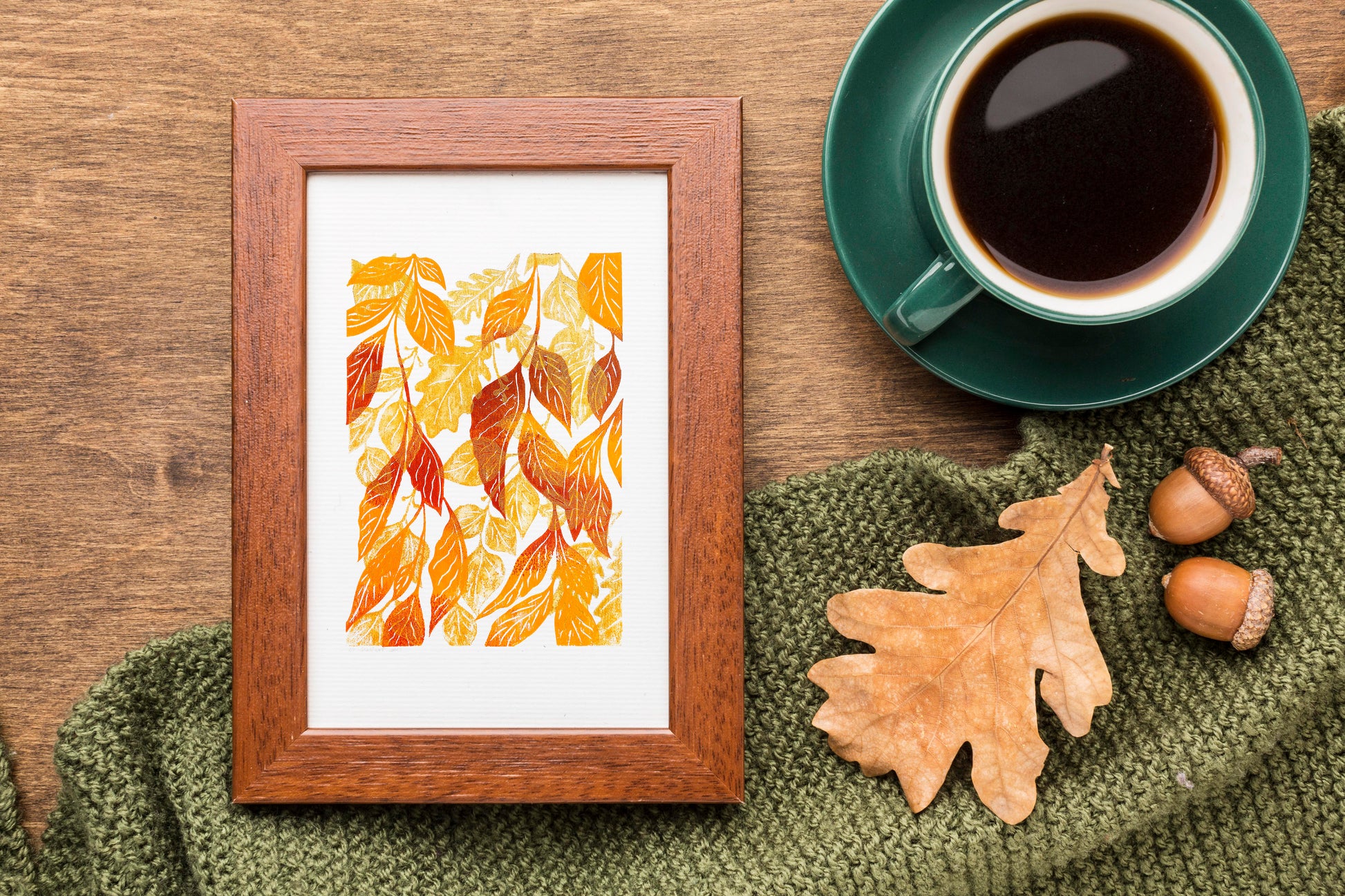 Warm tones autumn foraged leaves Printable linocut wall art for bedroom or living room decor, Seasonal decorations, Fall poster, instant download, digital poster, cottagecore wall art, Nature lover gift, Leaf wall poster, Gold orange brown relief print, oil texture