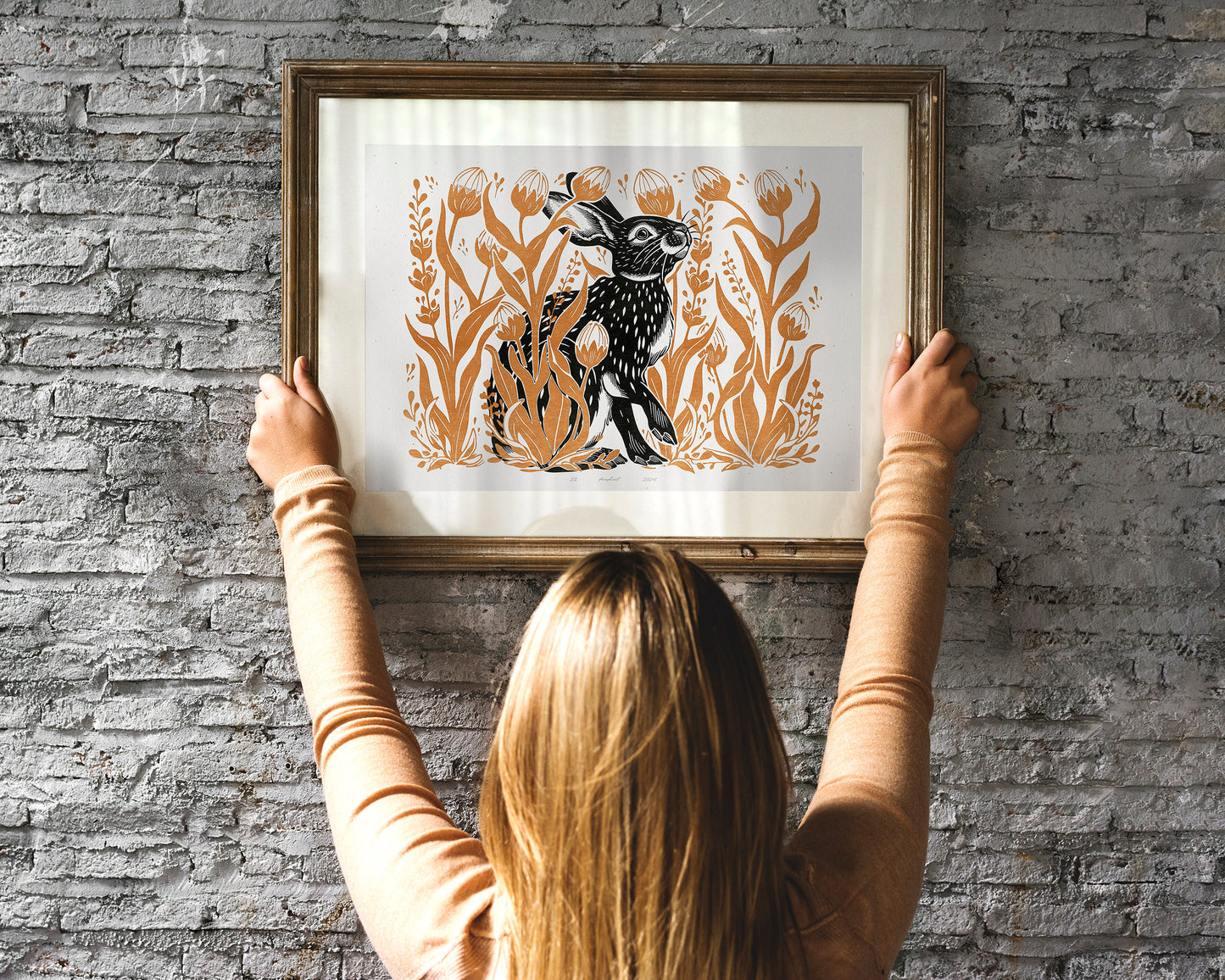 Printable linocut prints Bunny with wildflower and plant wall art Ochre black Relief texture Cottagecore decor Digital downloadable poster Hare rabbit Instant download Tulips floral flower Easter Bedroom Living room Kids Children Kitchen decor Foraged New home firs gift Housewarming wall art