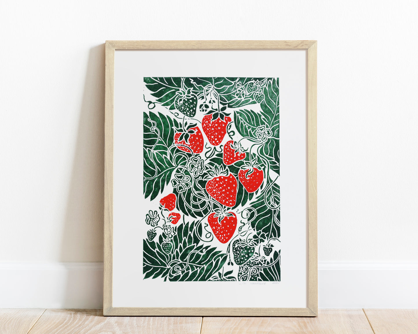 Linocut print Linogravure lino Botanical block original artwork Relief printmaking linoleum wall art Farmhouse lover gift Bedroom dining decor Modern kitchen art cottagecore decor Berry Strawberries strawberry nature first home gift farm