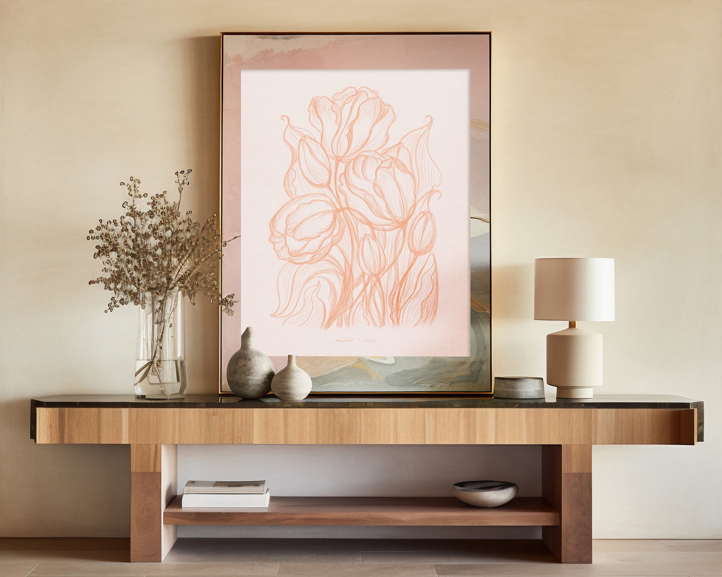 Spring peach fuzz wall art Hand drawn tulips flower sketch Line floral large botanical poster Printable neutral prints for Bedroom decor digital instant download Living room Home workspace large new first housewarming gift