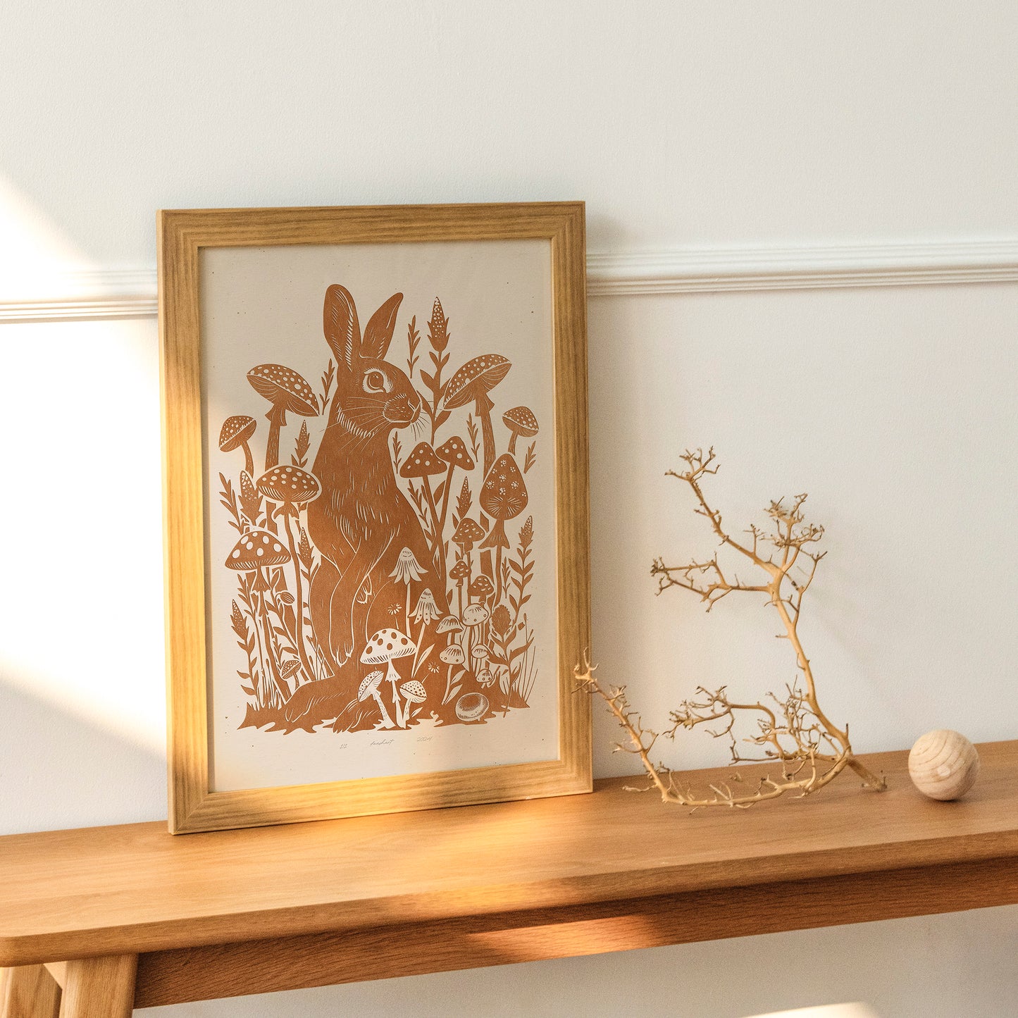 Living room wall art Nature lover gift Printable linocut Cottagecore decor Digital downloadable linogravure lino foraged poster art Relief texture Bedroom kids rooom prints Yellow ochre rabbit mushroom large plant wall art bunny new home