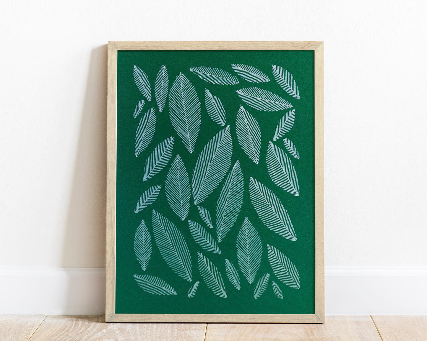 Emerald green geometric abstract leaf line shapes artwork for Nature lover gift UNFRAMED for living room, or bedroom original artwork
