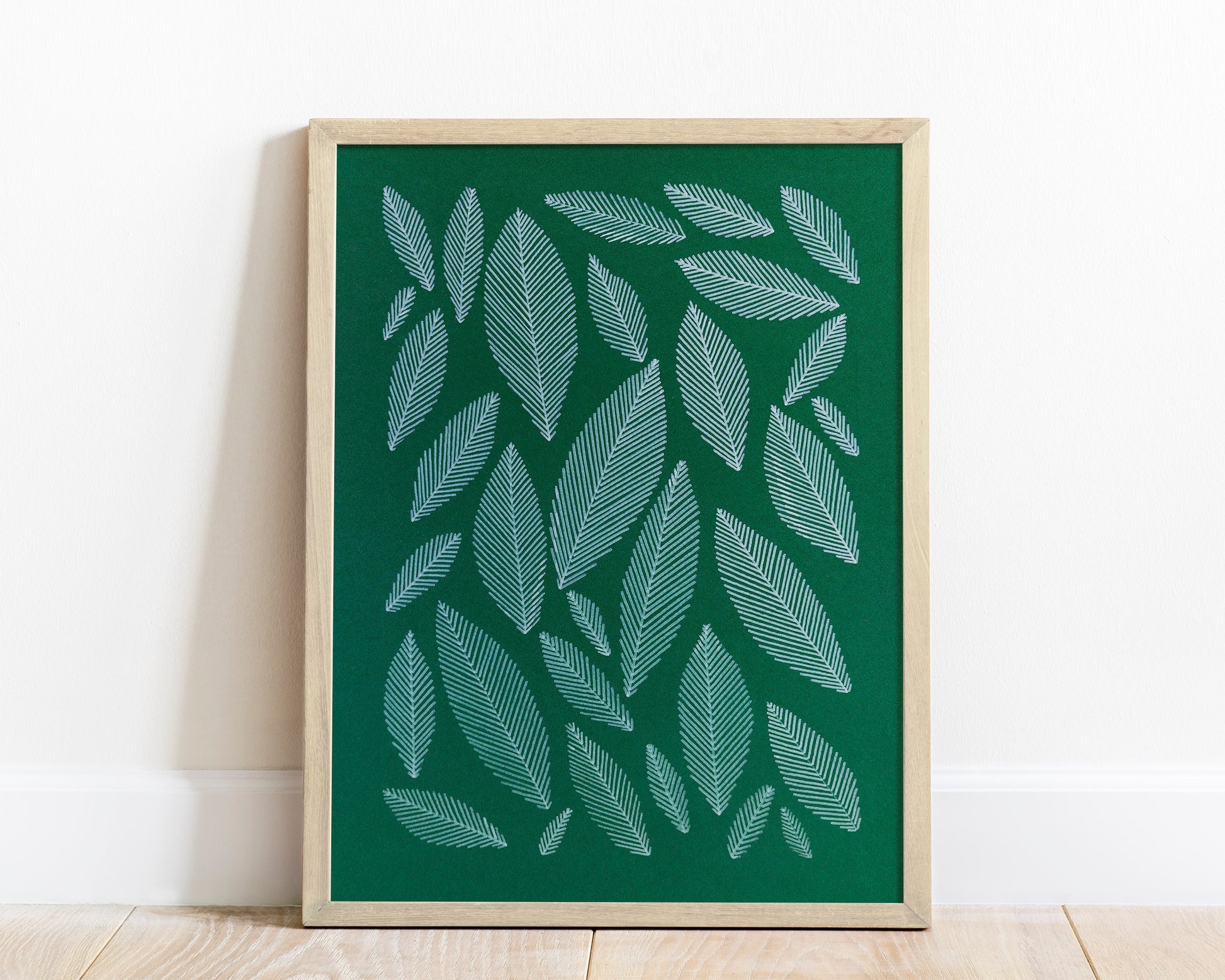 Emerald green geometric abstract leaf line shapes artwork for Nature lover gift UNFRAMED for living room, or bedroom original artwork
