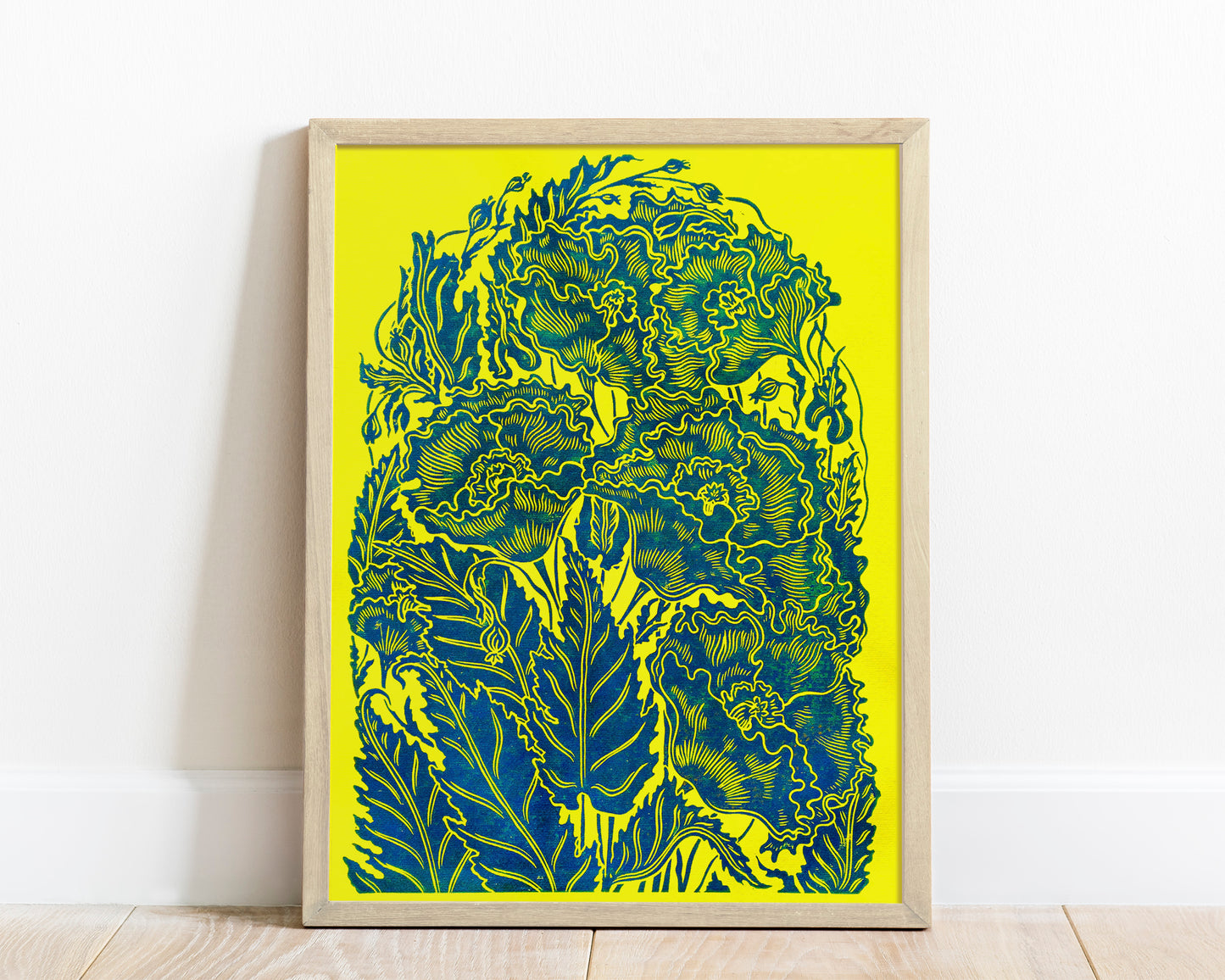 Pray for Ukraine Poppies flower Yellow and blue Linocut print for Nature lover gift UNFRAMED Housewarming gift Nature lover gift New home gift Kitchen wall decor Living room bedroom decor 12x16 Original artwork