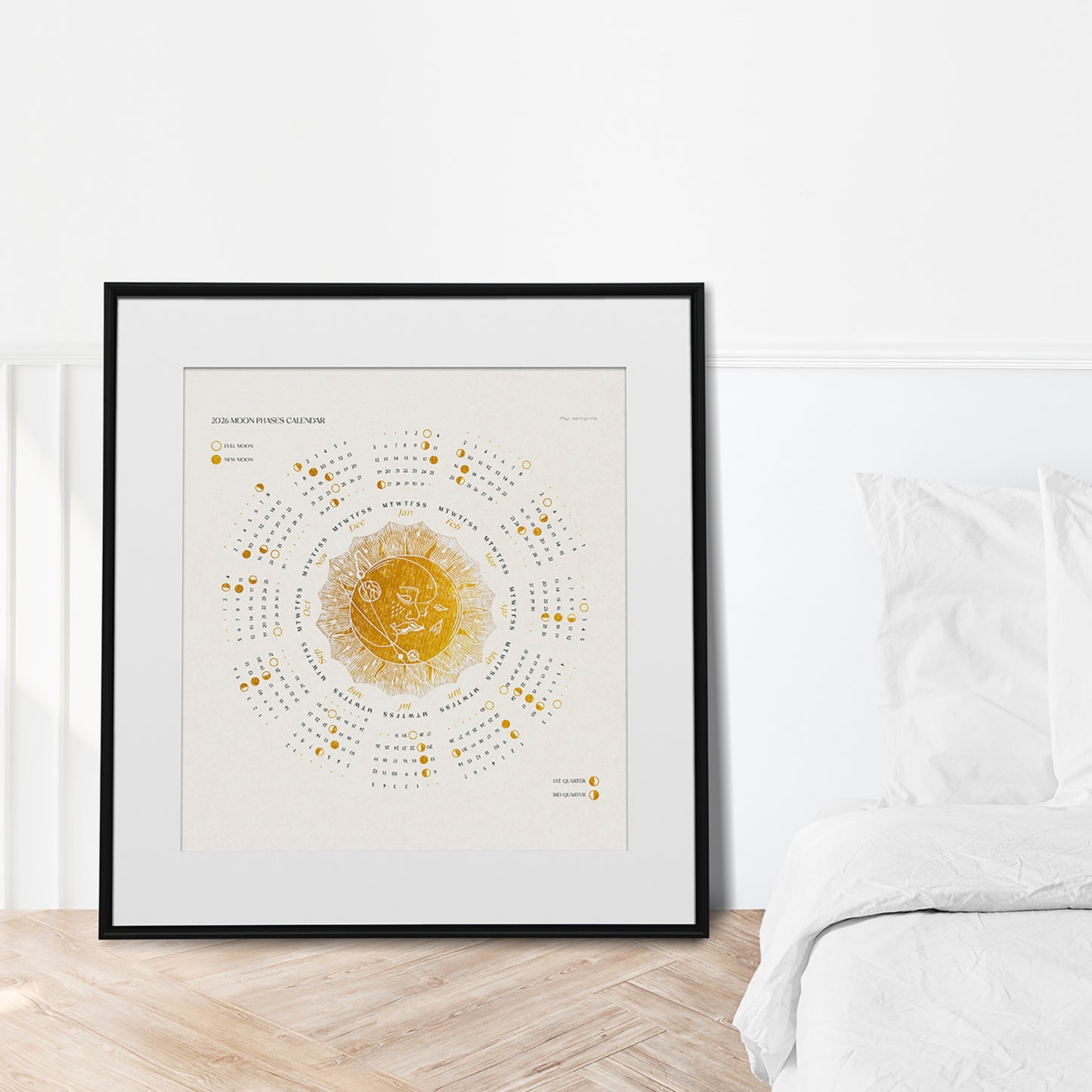 2026 European Printable lunar yearly calendar poster Gold kiss of the moon and sun + Desktop Ipad wallpaper New Year Christmas gift illustrated calendar, wall calendar 2026, holiday calendar 2026, instant download, digital product, downloadable art, wall hanging, unique wall art, Xmas Gift for Nature Lover, minimalist wall art, large wall art, moody wall art, trendy wall art, aesthetic wall art, Christmas, bedroom wall decor, modern kitchen art