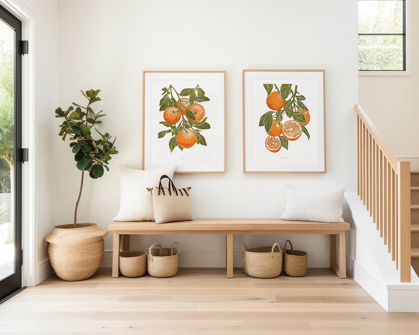 Living room wall art Nature lover gift Printable linocut fruit prints lino Sage green oranges foraged texture Cottagecore decor Digital downloadable kitchen Bedroom Relief vintage print modern branch Gallery wall set of 2 poster large