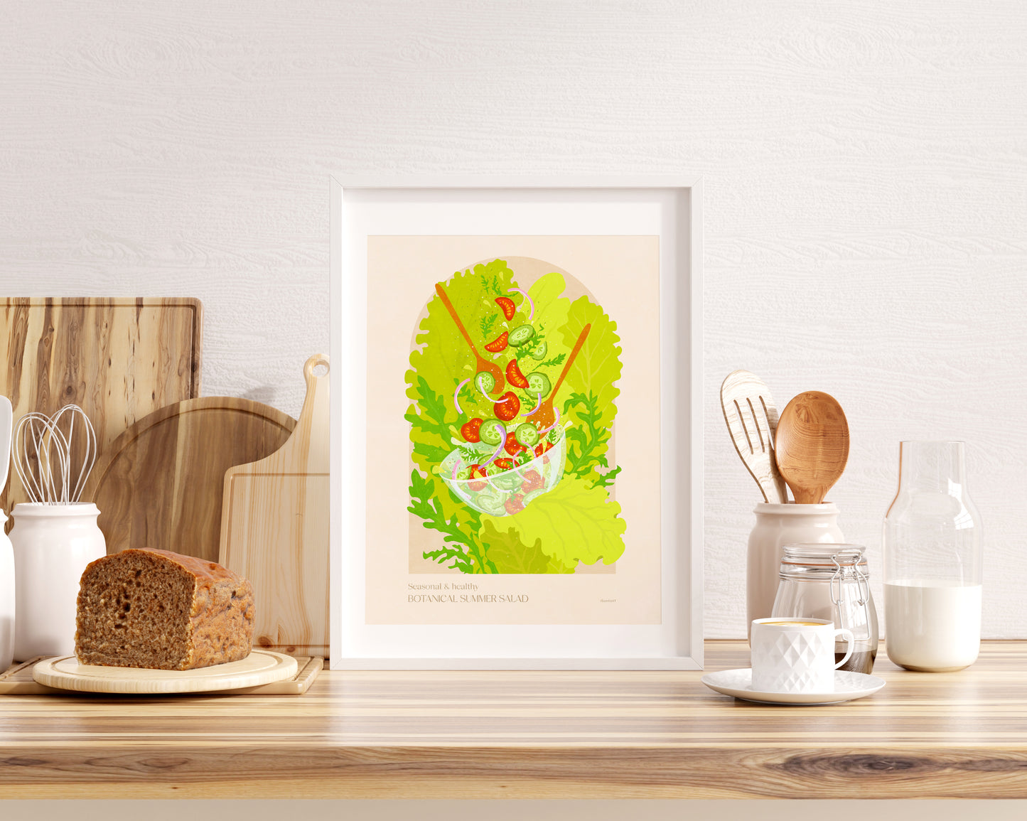 Botanical vintage bright summer salad poster for modern kitchen and dining room decor wiith tomatoes, cucumber, onion, salad, rucola / food poster daashart
