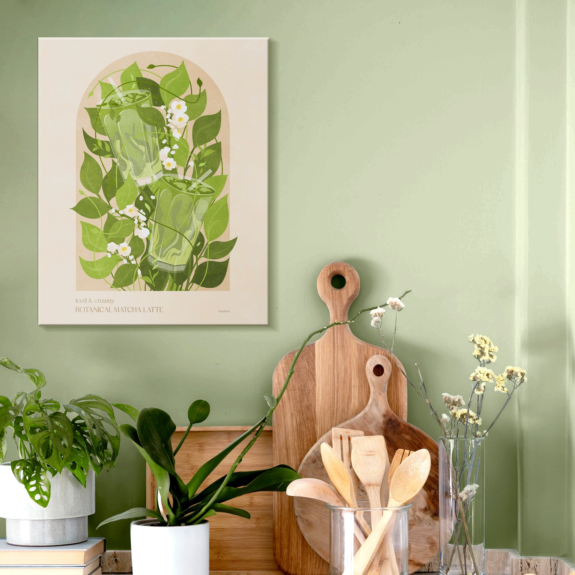 Botanical vintage Green or khaki Iced matcha latte poster Summer wall art for modern kitchen and dining room decor