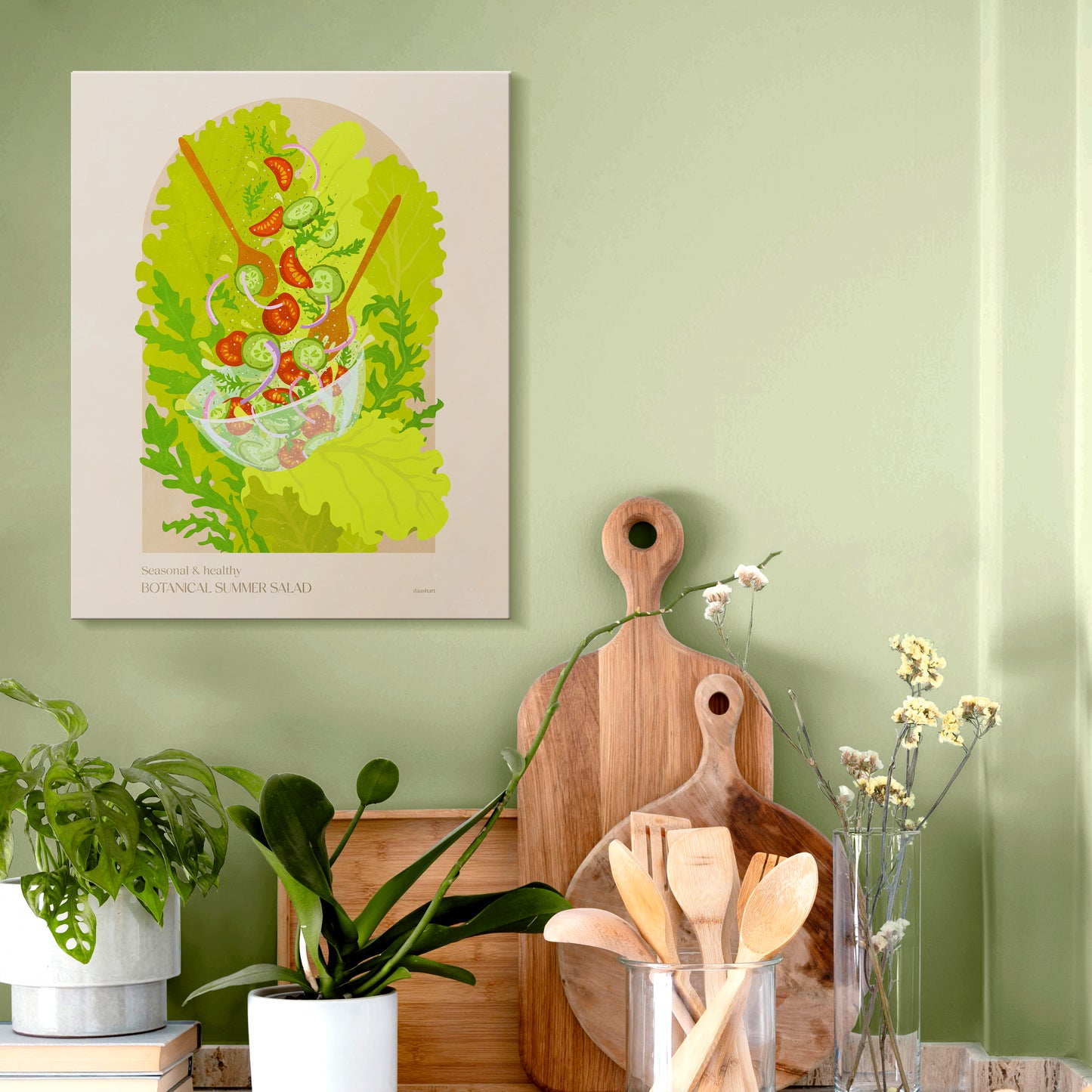 Botanical vintage bright summer salad poster for modern kitchen and dining room decor wiith tomatoes, cucumber, onion, salad, rucola / food poster