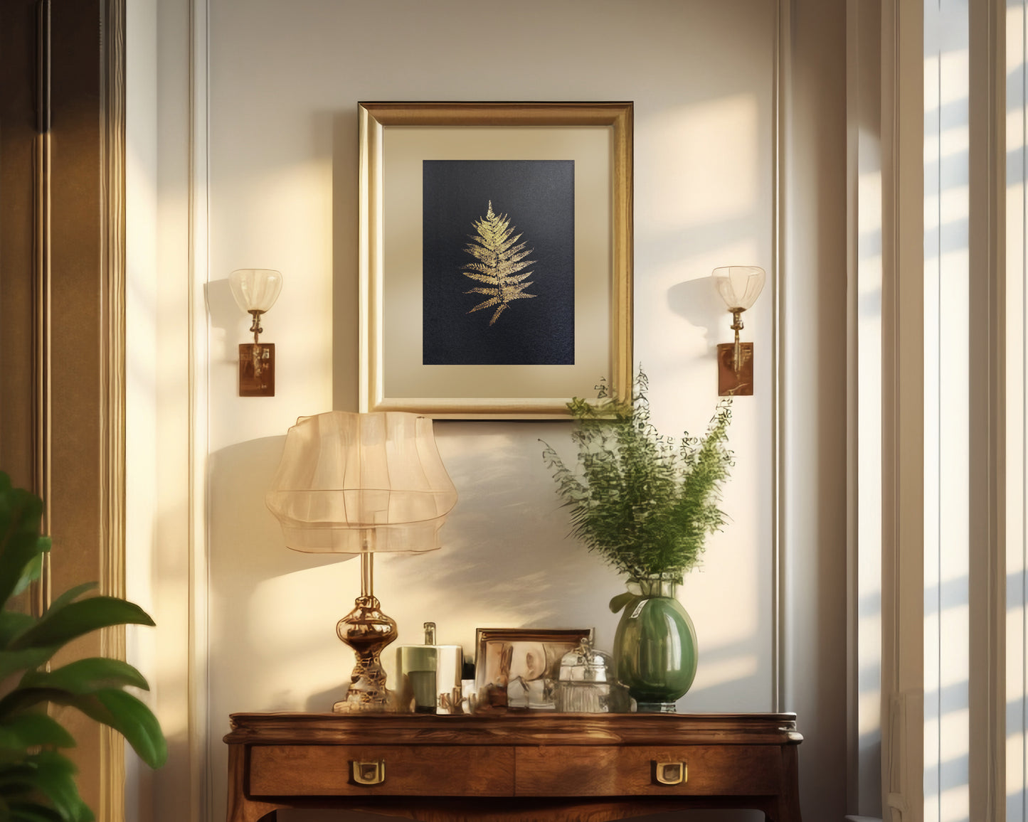 Monotype print Bedroom wall decor Living room wall art Nature lover gift Printmaking art relief print Gold and black art Fern textured plant Foraged wall decor Original artwork Farm kitchen art cottagecore wall art Botanical artwork