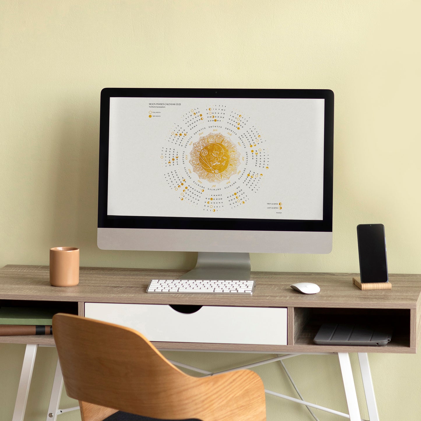 2026 Yearly Printable lunar calendar Gold kiss of the moon and sun + Desktop Ipad wallpaper New Year Christmas gift illustrated calendar girlfriend gift, sister gift, big sister gift, daughter gift, best man gift, wife gift, brother gift