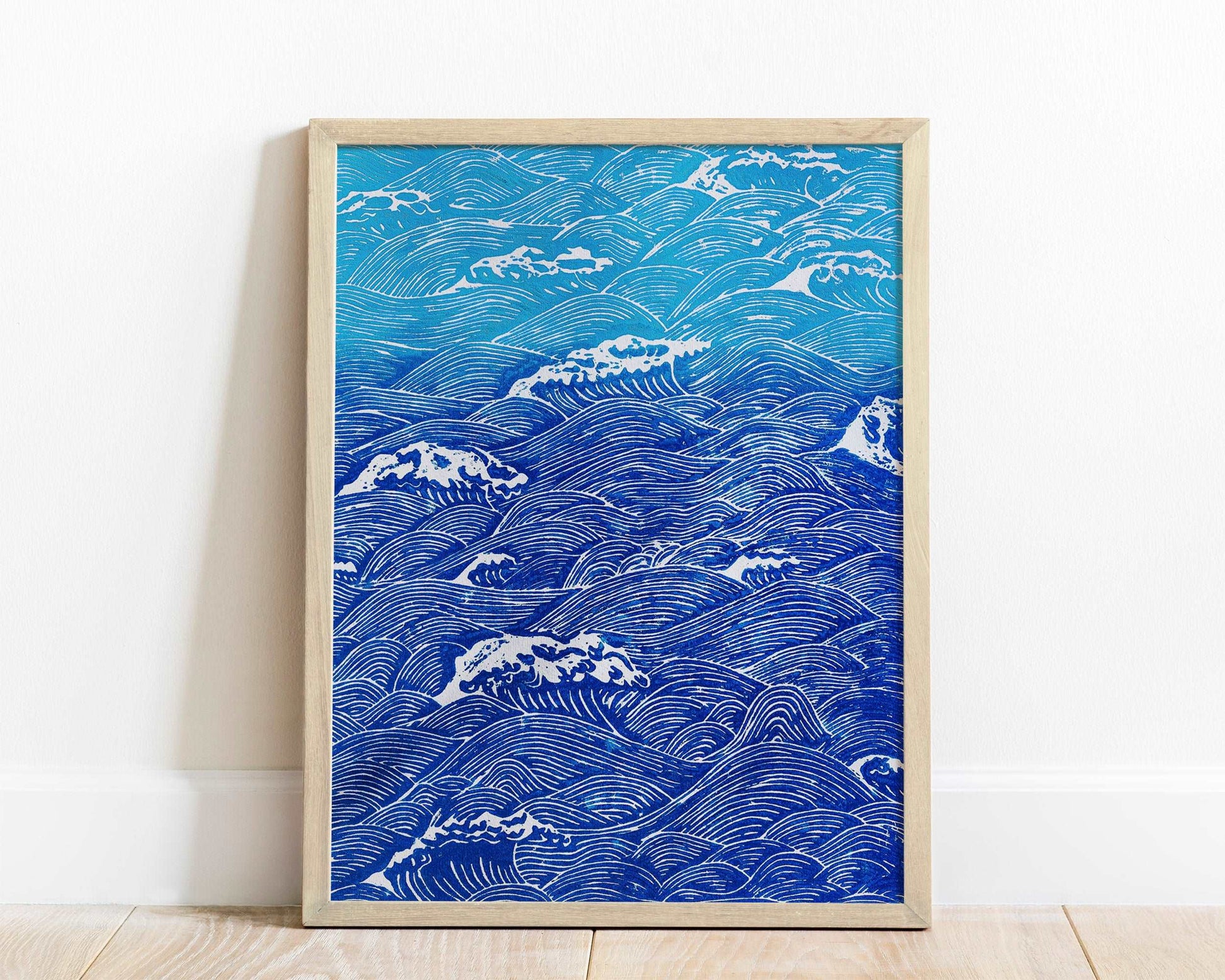 Blue waves Linocut print for Nature lover gift UNFRAMED Housewarming gift New home gift Kitchen wall decor Living room bedroom decor 16x12 Original artwork Nautical wall decor