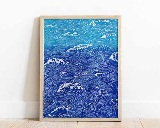 Blue waves Linocut print for Nature lover gift UNFRAMED Housewarming gift New home gift Kitchen wall decor Living room bedroom decor 16x12 Original artwork Nautical wall decor