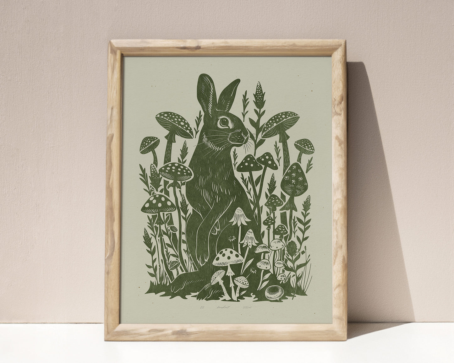 Printable linocut prints Sage green rabbit with mushroom and plant wall art Relief texture Cottagecore decor Digital downloadable poster Instant download Lino linogravure foraged Living room Bedroom Kitchen Farm Farmhouse Dining room wall art decor Wildflowers floral kids Easter home aesthetic