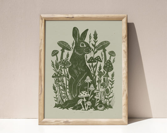 Printable linocut prints Sage green rabbit with mushroom and plant wall art Relief texture Cottagecore decor Digital downloadable poster Instant download Lino linogravure foraged Living room Bedroom Kitchen Farm Farmhouse Dining room wall art decor Wildflowers floral kids Easter home aesthetic