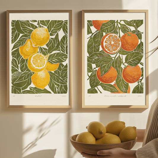 Gallery wall set of 2 Sage green oranges and lemons fruits «Sagreen Lemoranges» Printable linocut wall art posters prints, illustration printable wall art, digital poster, nature, rustic, floral, flower, plant, leaf, leaves, digital download, digital product, downloadable art, wall hanging, unique wall art, contemporary art, large prints, moody wall art, trendy wall art, aesthetic wall art, bedroom wall decor, modern kitchen art, dining room decor, botanical poster, cottagecore, rustic