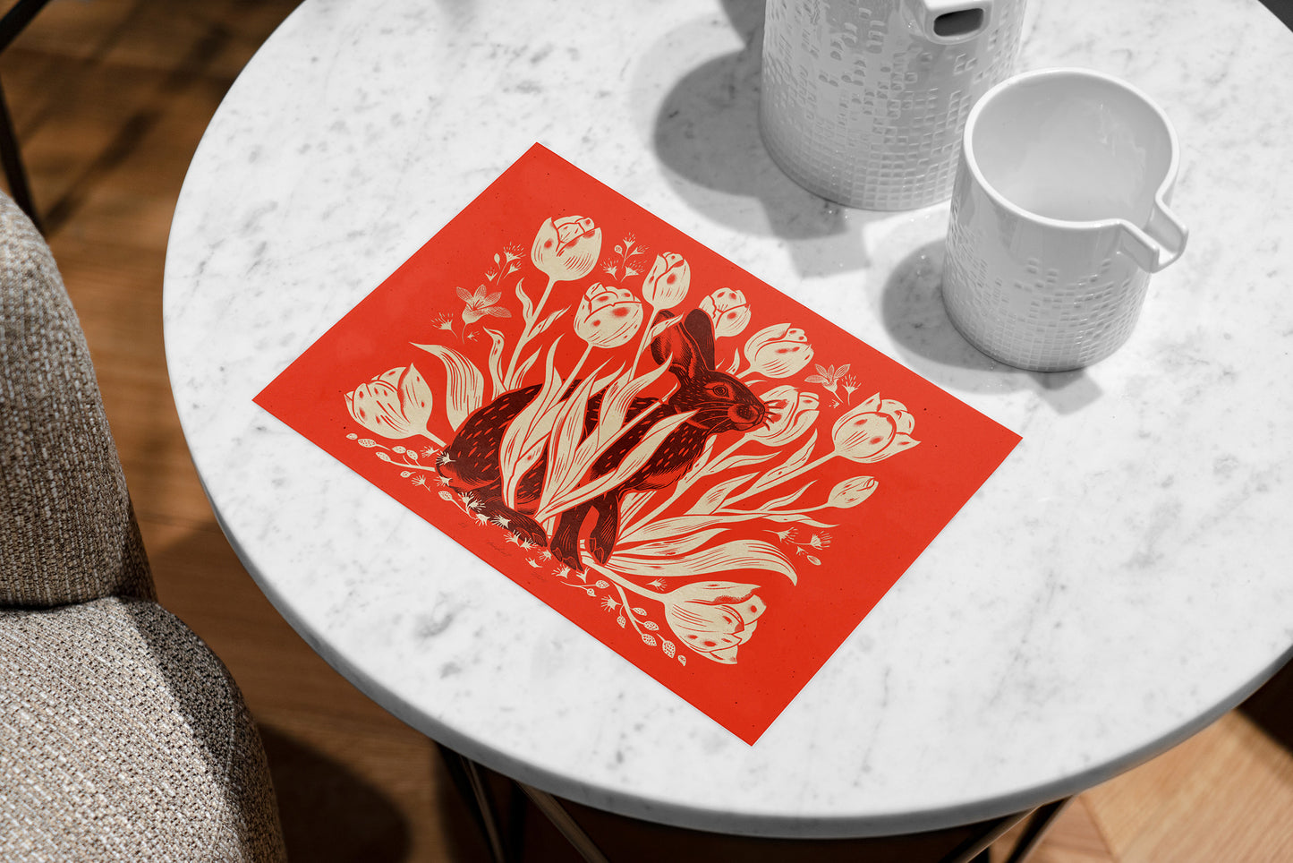 Living room wall art Nature lover gift Printable linocut Cottagecore decor Digital downloadable linogravure lino Bedroom kids rooom House warming gift prints Bunny tulips plant Red brown beige relief texture vintage farm kitchen hare foraged poster