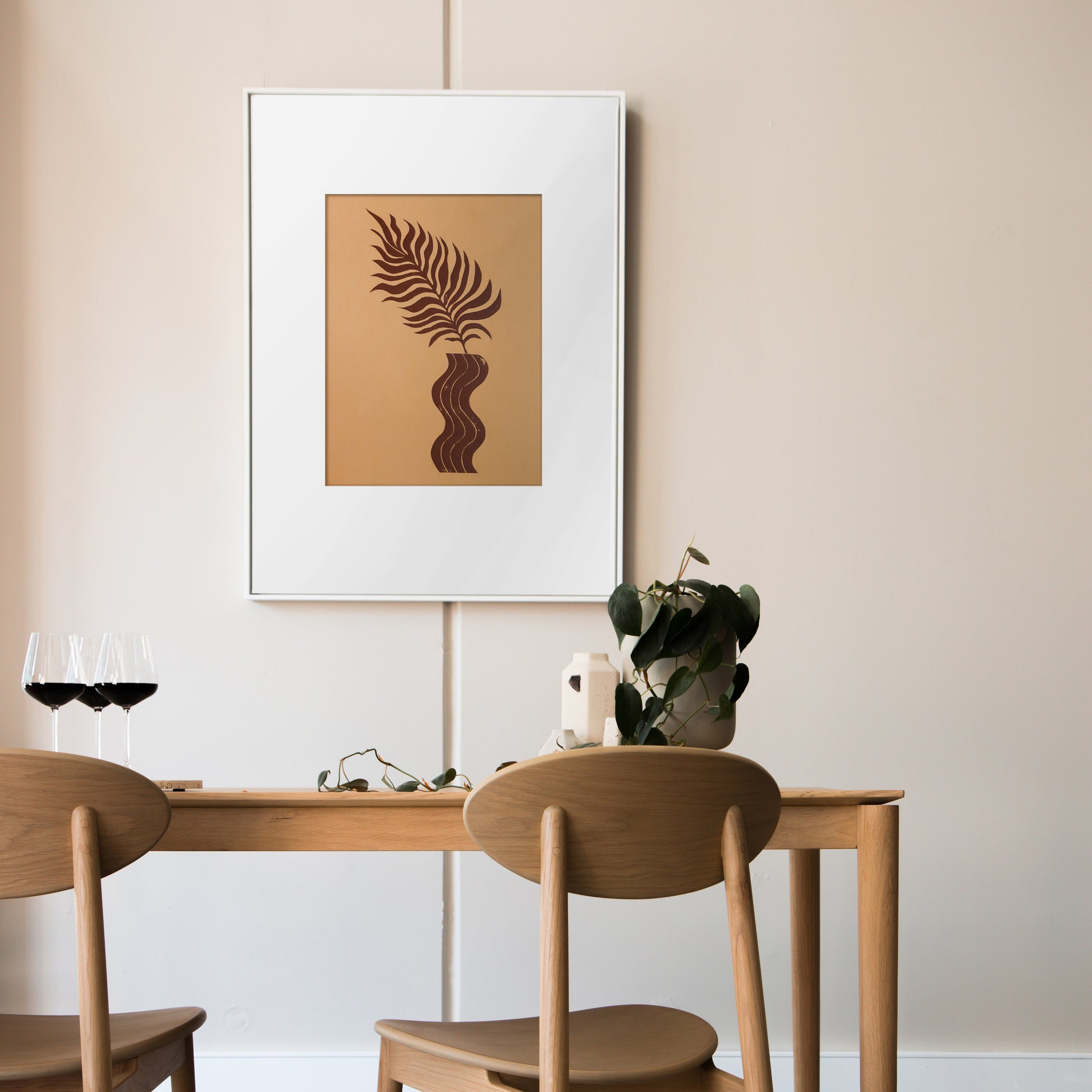 Boho brown wave vase and plant art Linocut print for New home gift UNFRAMED / lino print / linogravure / handmade art / classical art / living room, bedroom