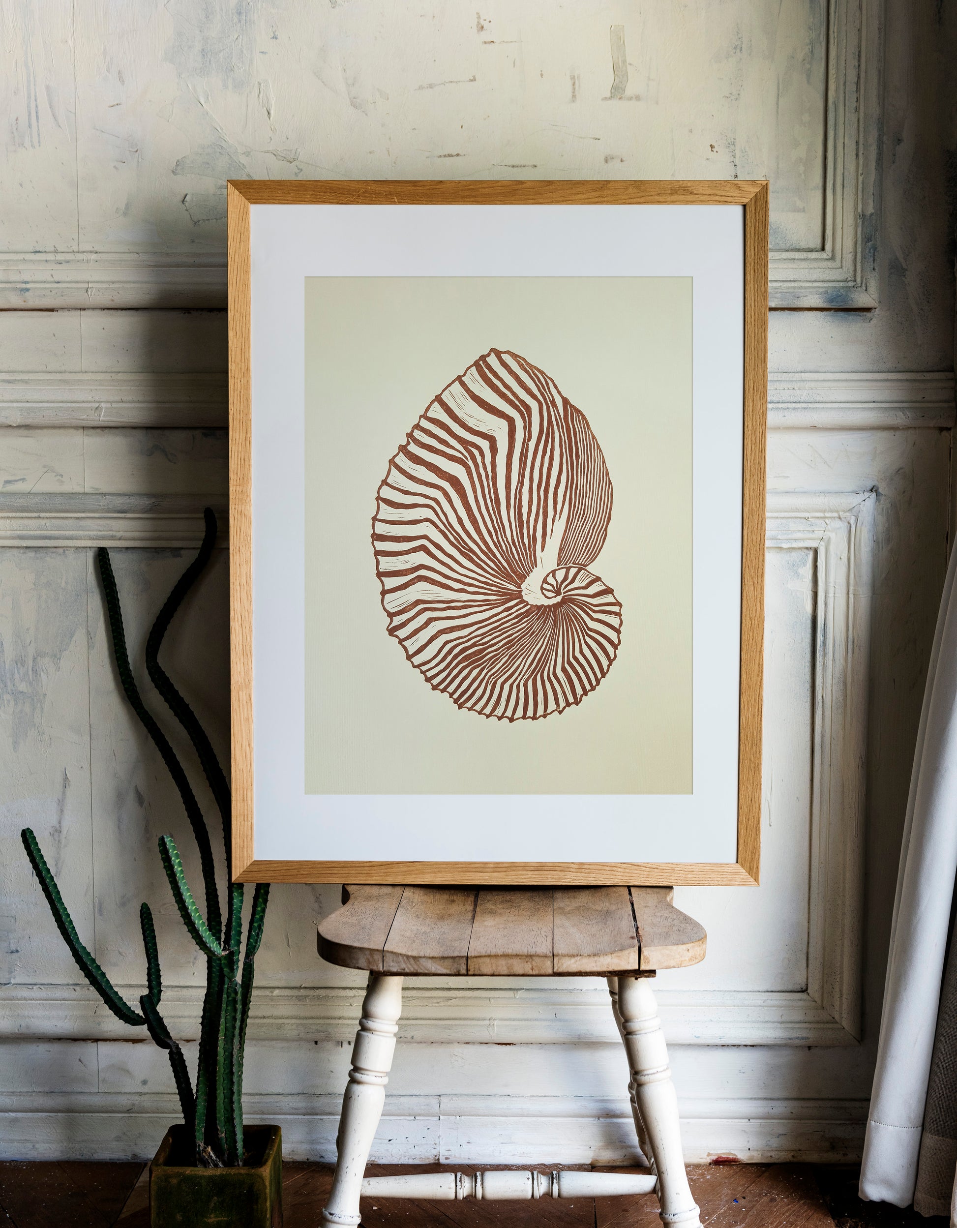 Beige and brown sea shell art Linocut print art for Bedroom or bathroom wall decor UNFRAMED / living room wall adecor for New home gift, houswarming gift, nature lover gift, Nautical wall decor, Simple artwork, Hampton style decor, Coastal wall art