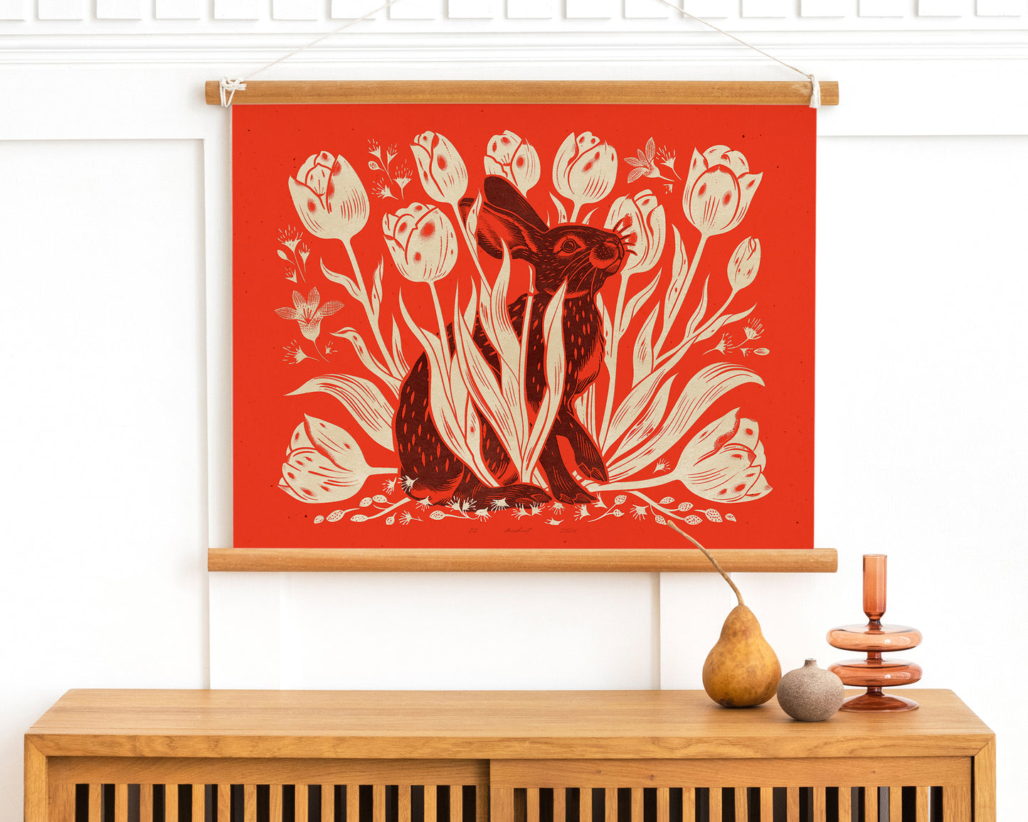 Living room wall art Nature lover gift Printable linocut Cottagecore decor Digital downloadable linogravure lino Bedroom kids rooom House warming gift prints Bunny tulips plant Red brown beige relief texture vintage farm kitchen hare foraged poster