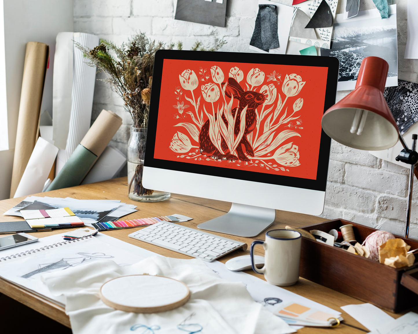 Living room wall art Nature lover gift Printable linocut Cottagecore decor Digital downloadable linogravure lino Bedroom kids rooom House warming gift prints Bunny tulips plant Red brown beige relief texture vintage farm kitchen hare foraged poster